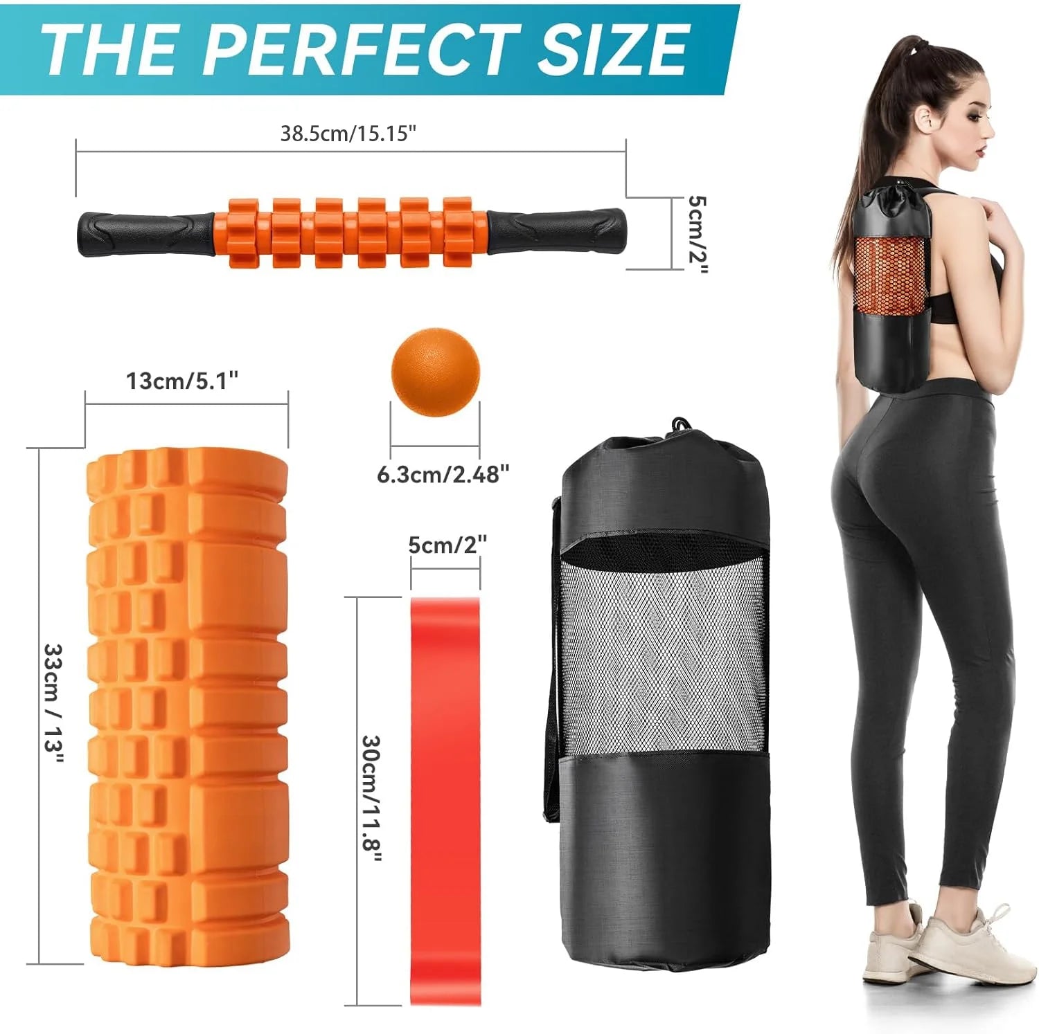 5 in 1 Foam Roller Set, Trigger Point Foam Roller, Yoga Stick, Massage Ball, Resistance Band for Whole Body, Orange