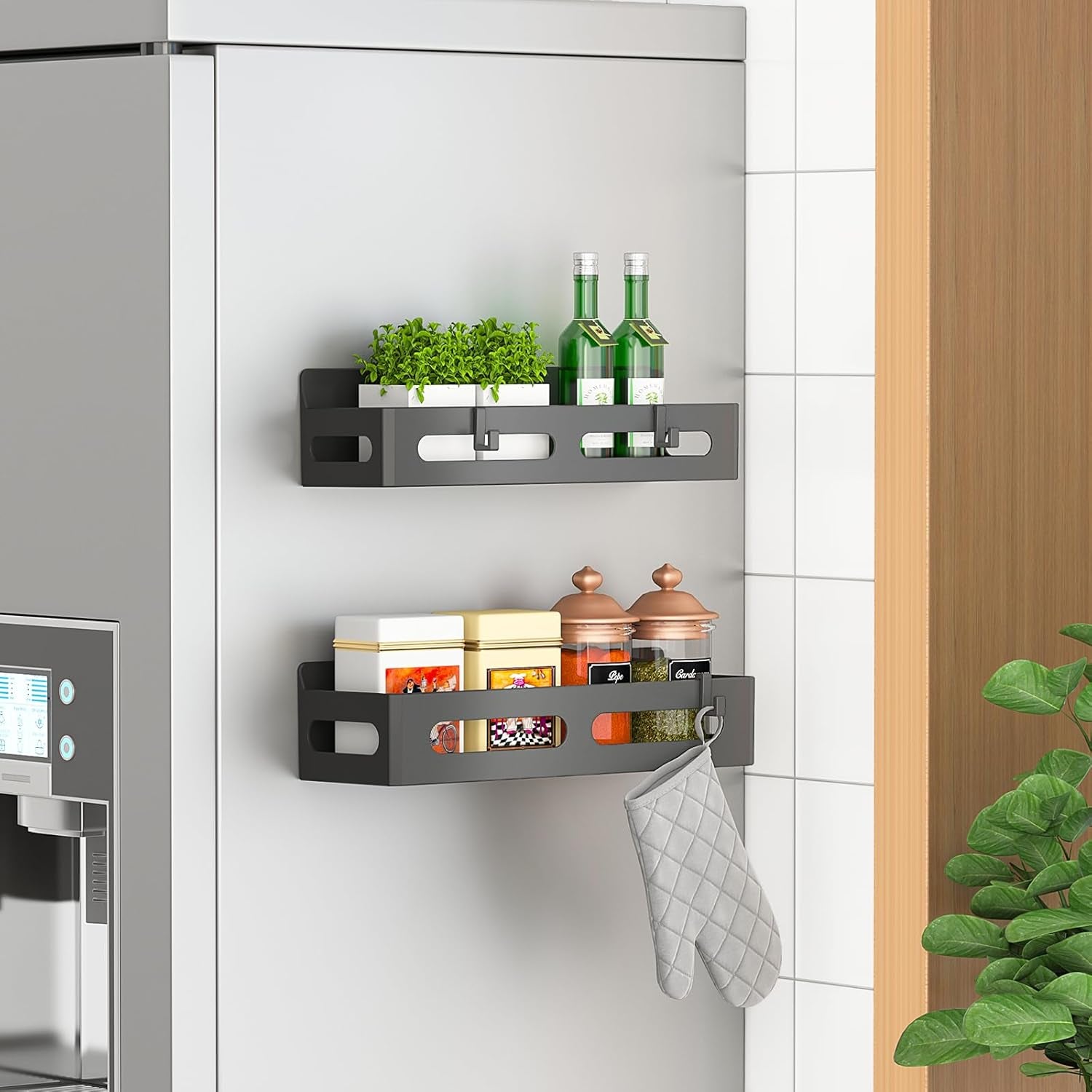 4 Pack Strong Magnetic Spice Rack for Refrigerator, Multipurpose Magnetic Shelf for Fridge with 4 Hooks for Kitchen and Bathroom Organization, Black