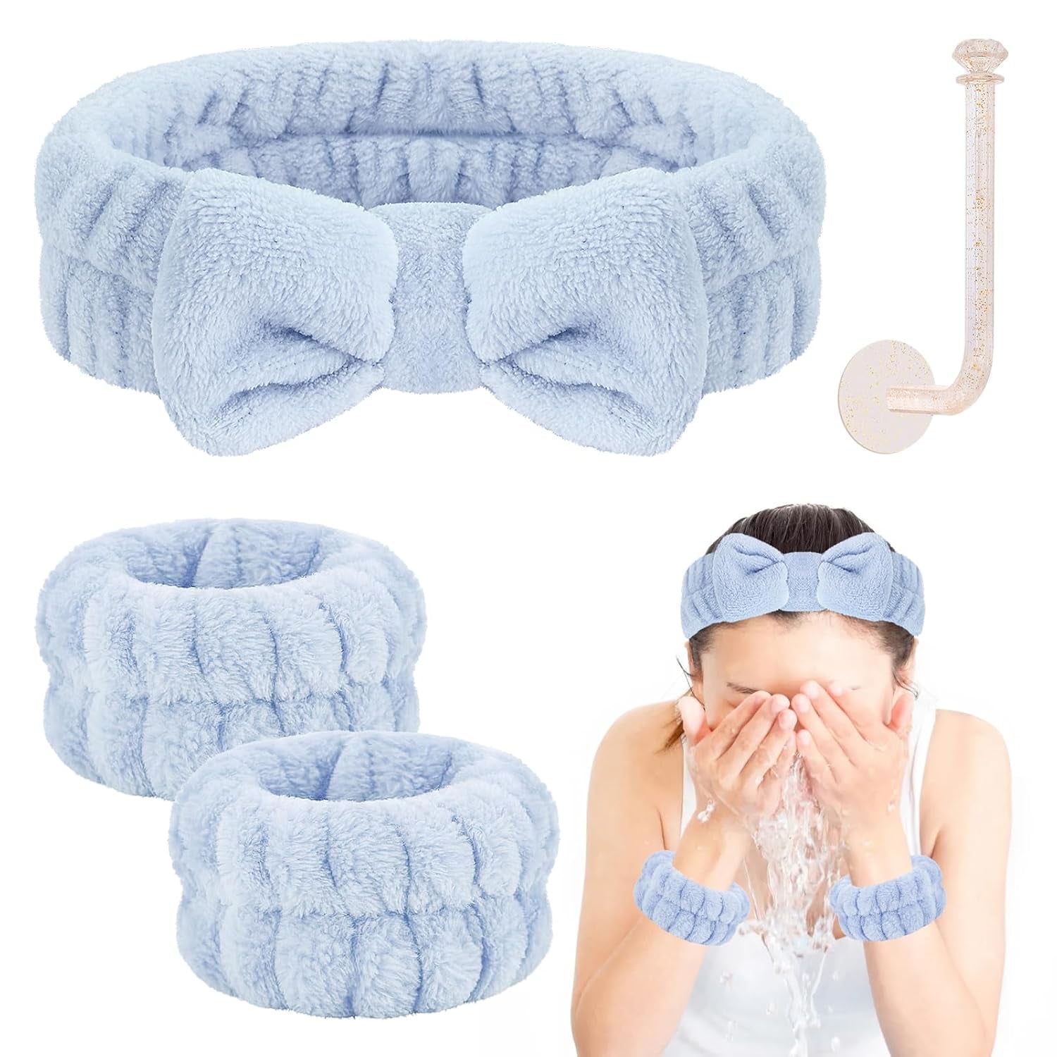 Face Wash Headband and Wristband Set - Microfiber Wrist Towels with Holder for Face Washing and Spa, Absorbent Scrunchies