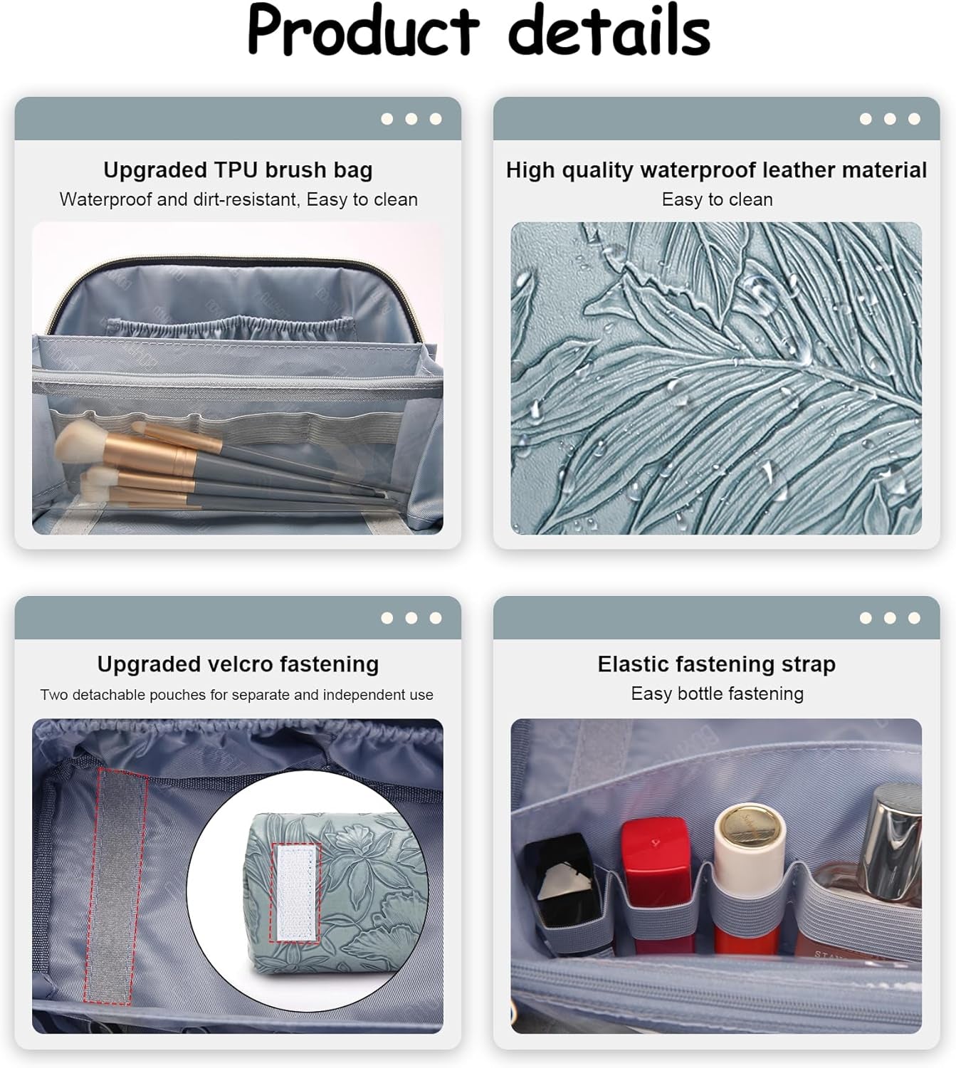 Travel Makeup Bags Cosmetic Organizer Bag: 3-Set Large Capacity Make up Bag - PU Leather Toiletry Bags for Women - Wide Open Portable Pouch with Divider & Handle (01-Light Blue)