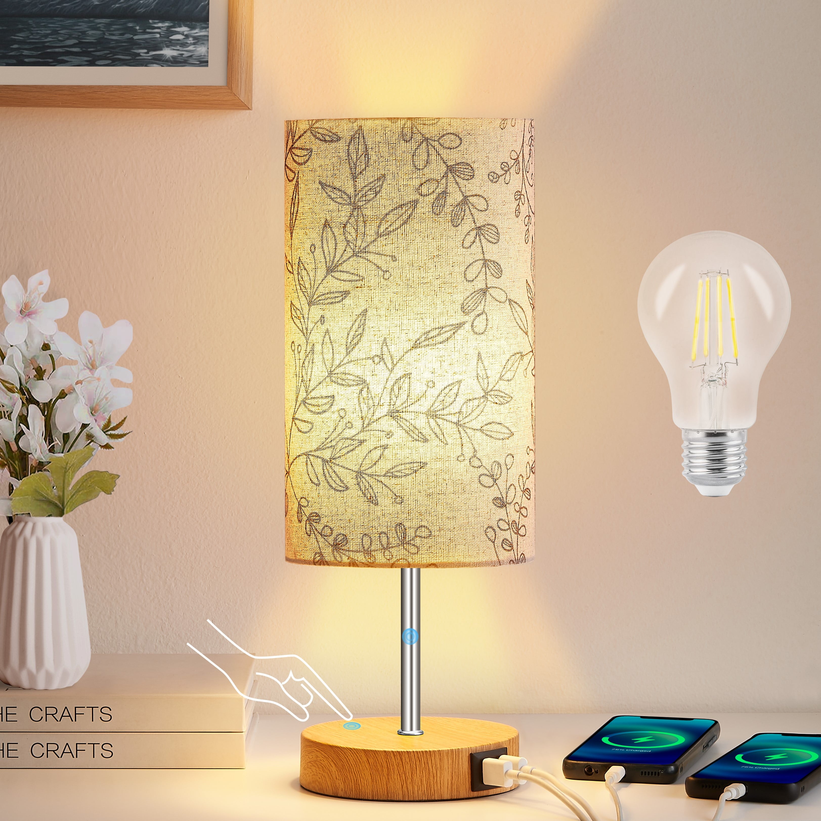 3 Way Dimmable Single Table Lamp with USB Ports Leaf Print Shade 15" Touch Control Small Bedside Nightstand Lamp for Bedroom Living Room (1 Bulb)