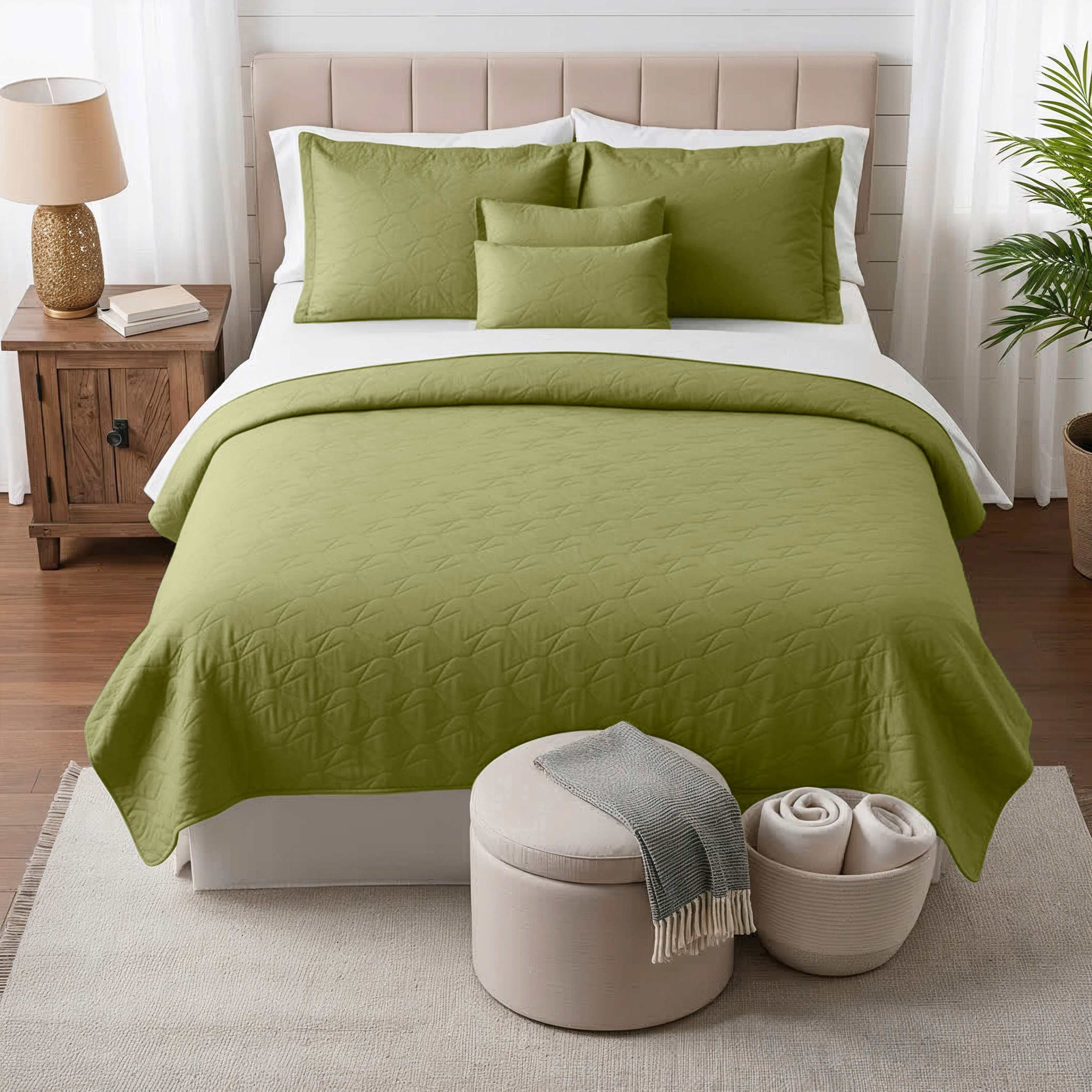 Quilt Sets, 5 Piece Lightweight Reversible Quilt Bedspread, Ellipse Weave Coverlet Bedding Set, King Olive Green