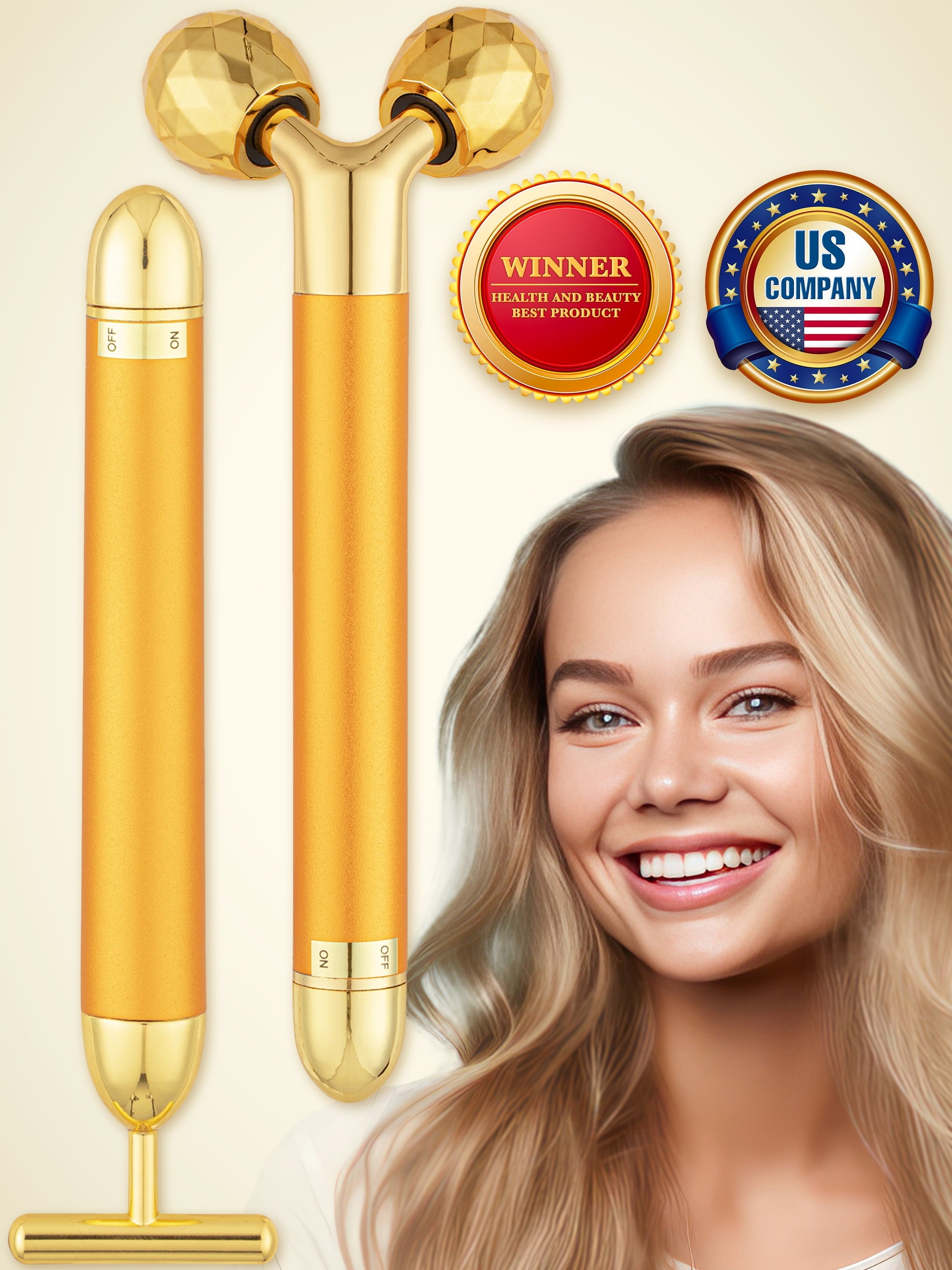 Electric Face Massager Kit for Women, 2-In-1 Vibrating Golden 3D Roller & T-Shape Massager for Facial Skin Care by