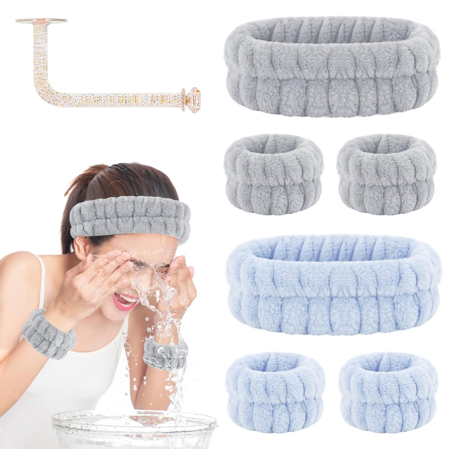 Face Wash Headband and Wristband Set - Microfiber Wrist Towels with Holder for Face Washing and Spa, Absorbent Scrunchies