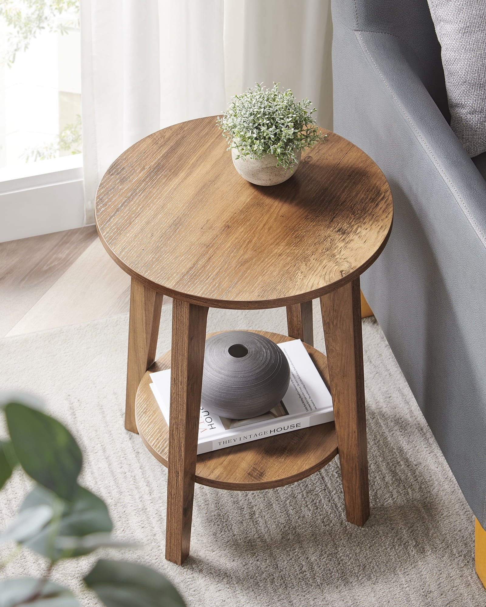 Round End Table Farmhouse Small Side Table Living Room Corner Table Drink Table Rustic Walnut