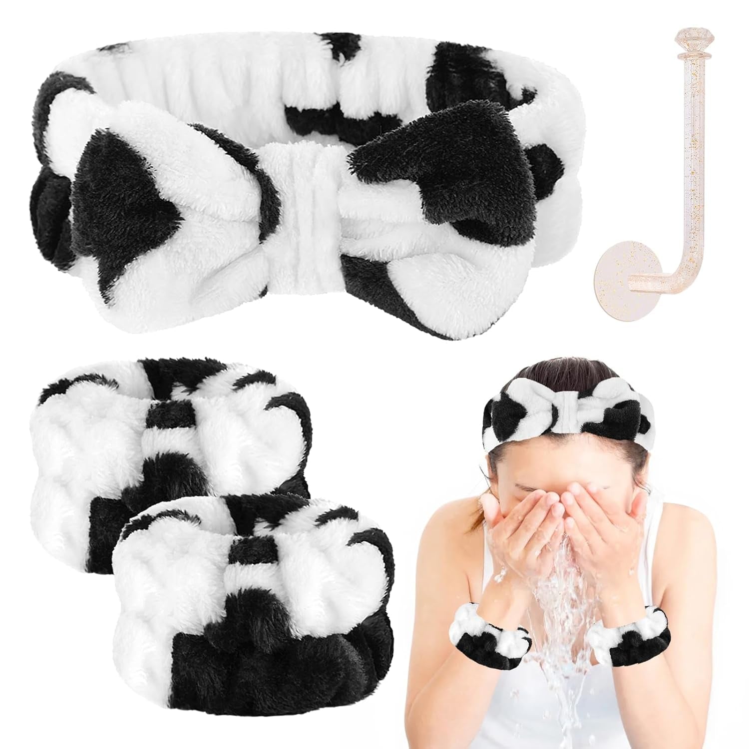 Face Wash Headband and Wristband Set - Microfiber Wrist Towels with Holder for Face Washing and Spa, Absorbent Scrunchies