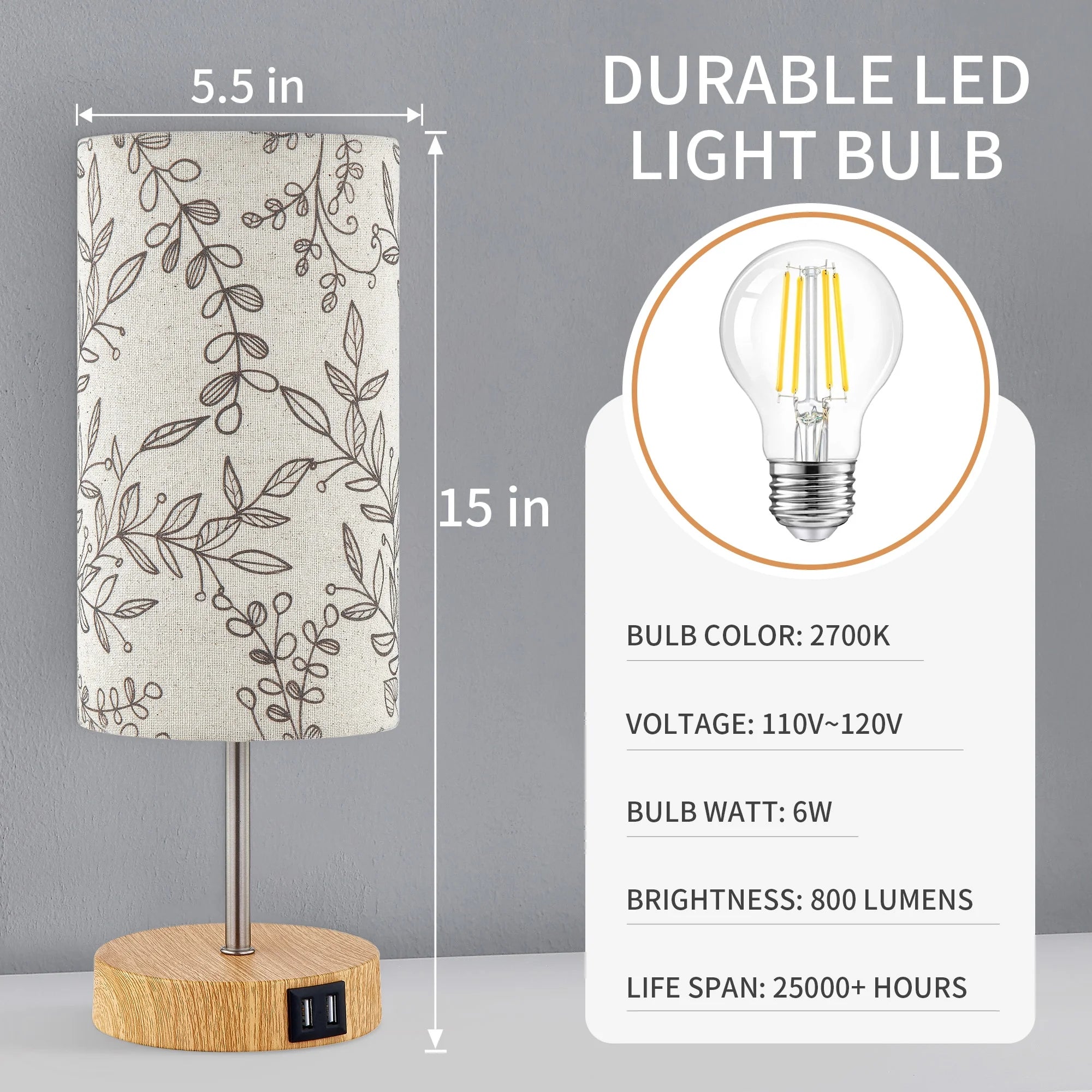 3 Way Dimmable Single Table Lamp with USB Ports Leaf Print Shade 15" Touch Control Small Bedside Nightstand Lamp for Bedroom Living Room (1 Bulb)