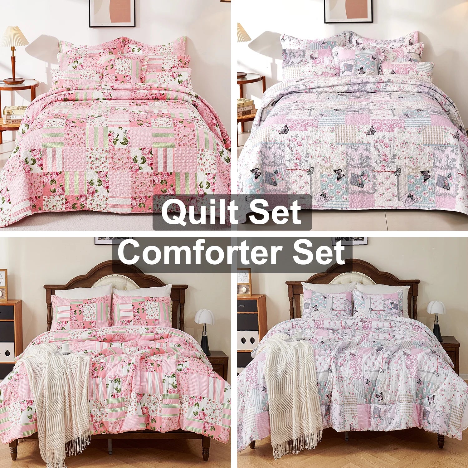 Quilts 3-Piece Pink Patchwork Floral Quilt Set with Shams