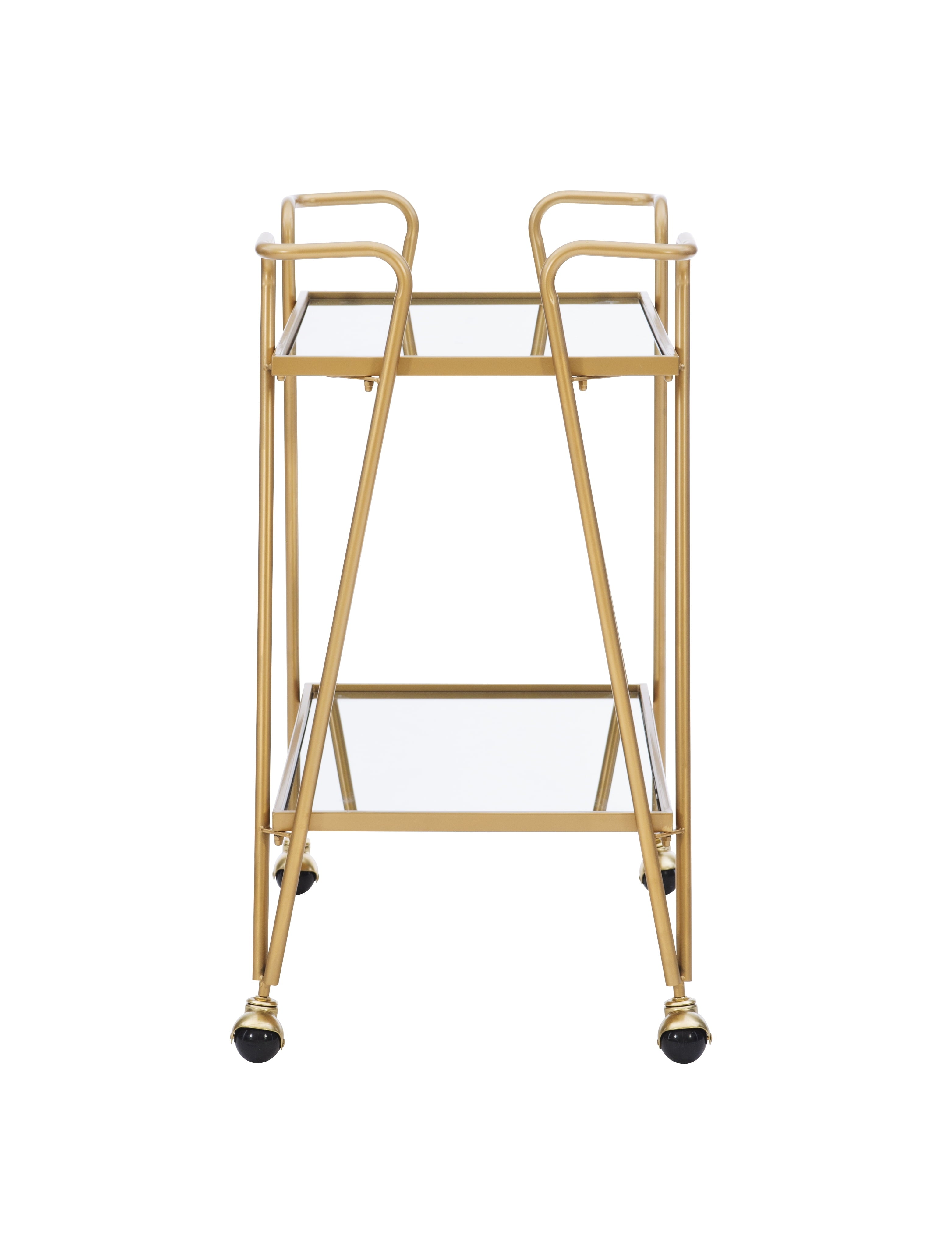 Mia Metal and Mirrored Mid-Century 2 Level Rolling Bar Cart in Gold
