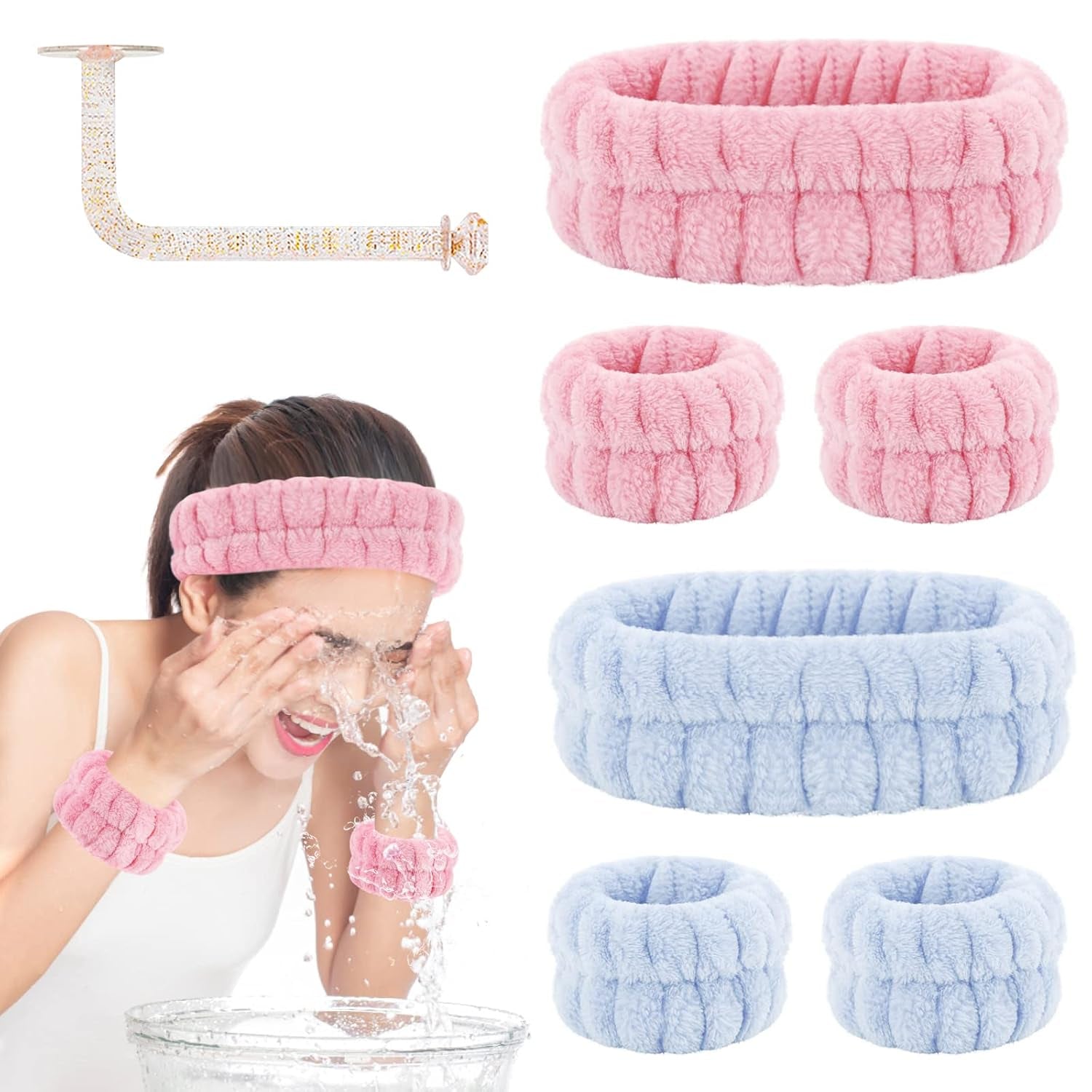 Face Wash Headband and Wristband Set - Microfiber Wrist Towels with Holder for Face Washing and Spa, Absorbent Scrunchies