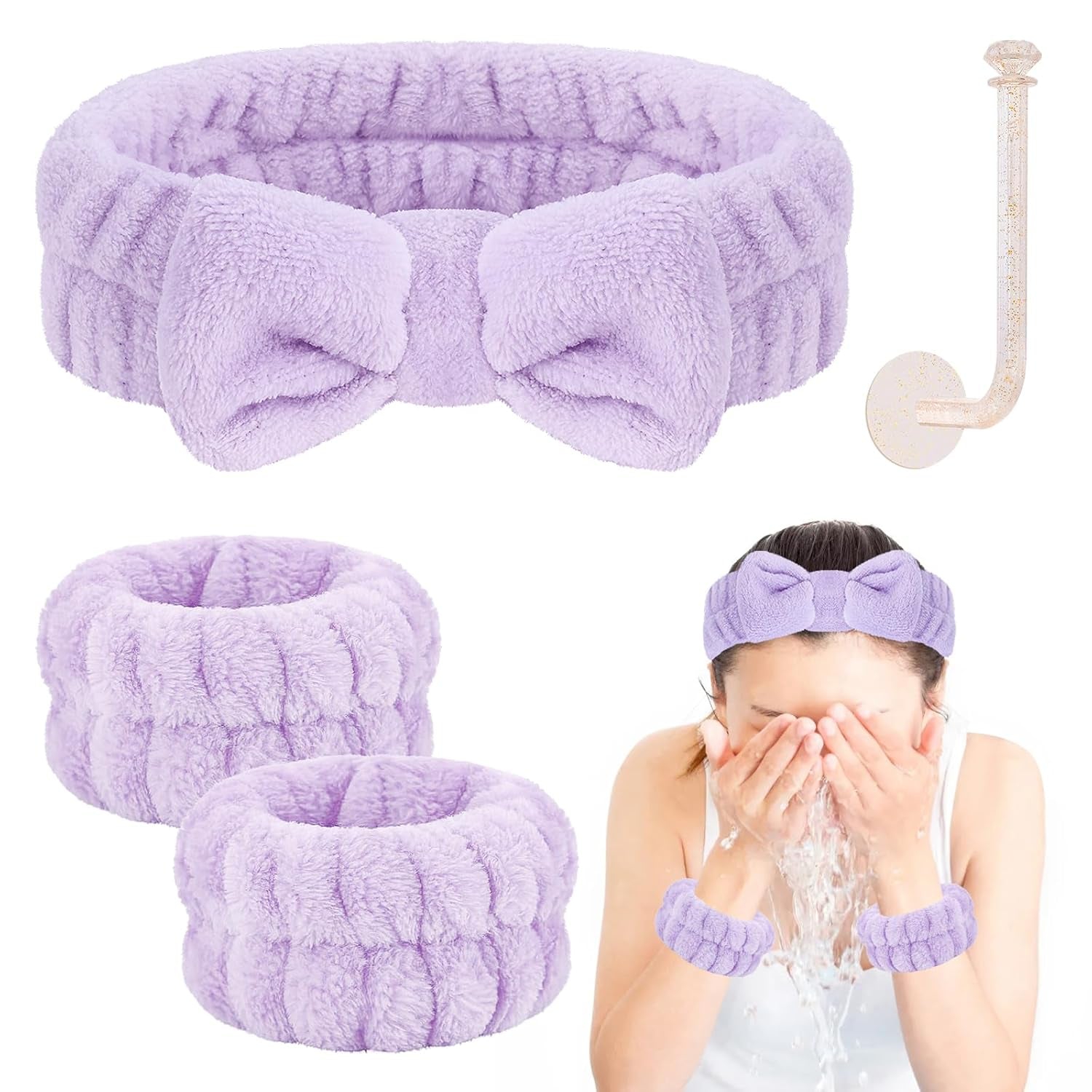 Face Wash Headband and Wristband Set - Microfiber Wrist Towels with Holder for Face Washing and Spa, Absorbent Scrunchies