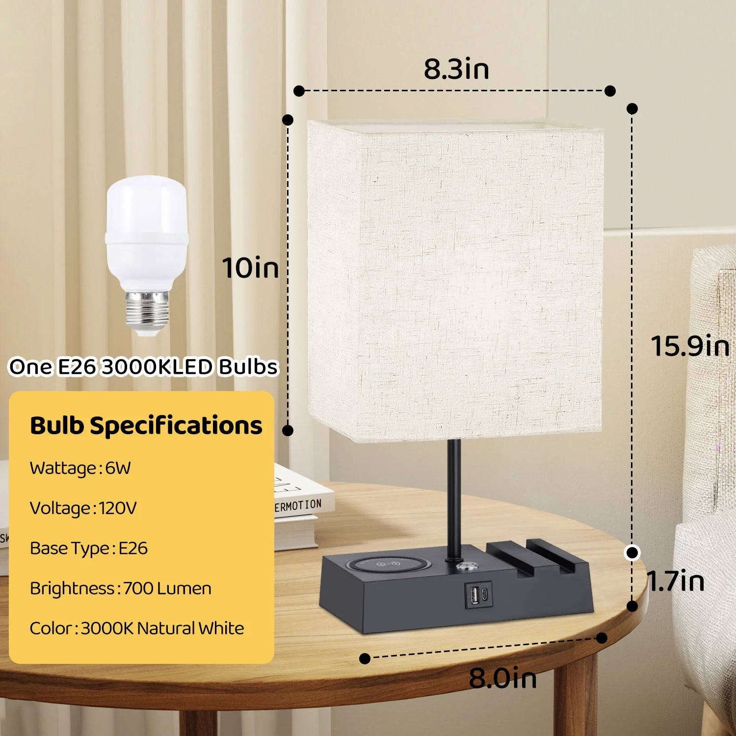 15.9" Iron Bedside Table Lamp with Off-White Shade