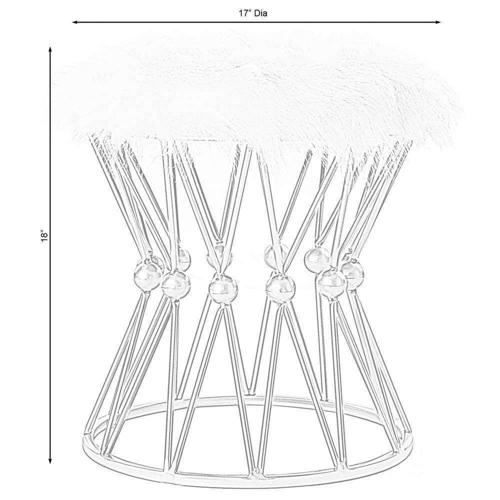 Round Gold Metal Accent Vanity Stool with White Fur Top Seat, Decorative Side Table