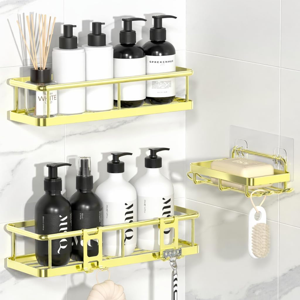 Shower Caddy Adhesive, Rustproof Shower Shelves for inside Shower, Large Capacity Bathroom Organizers and Storage, Shower Storage with Removable Hooks, No Drill Bathroom Accessories Black