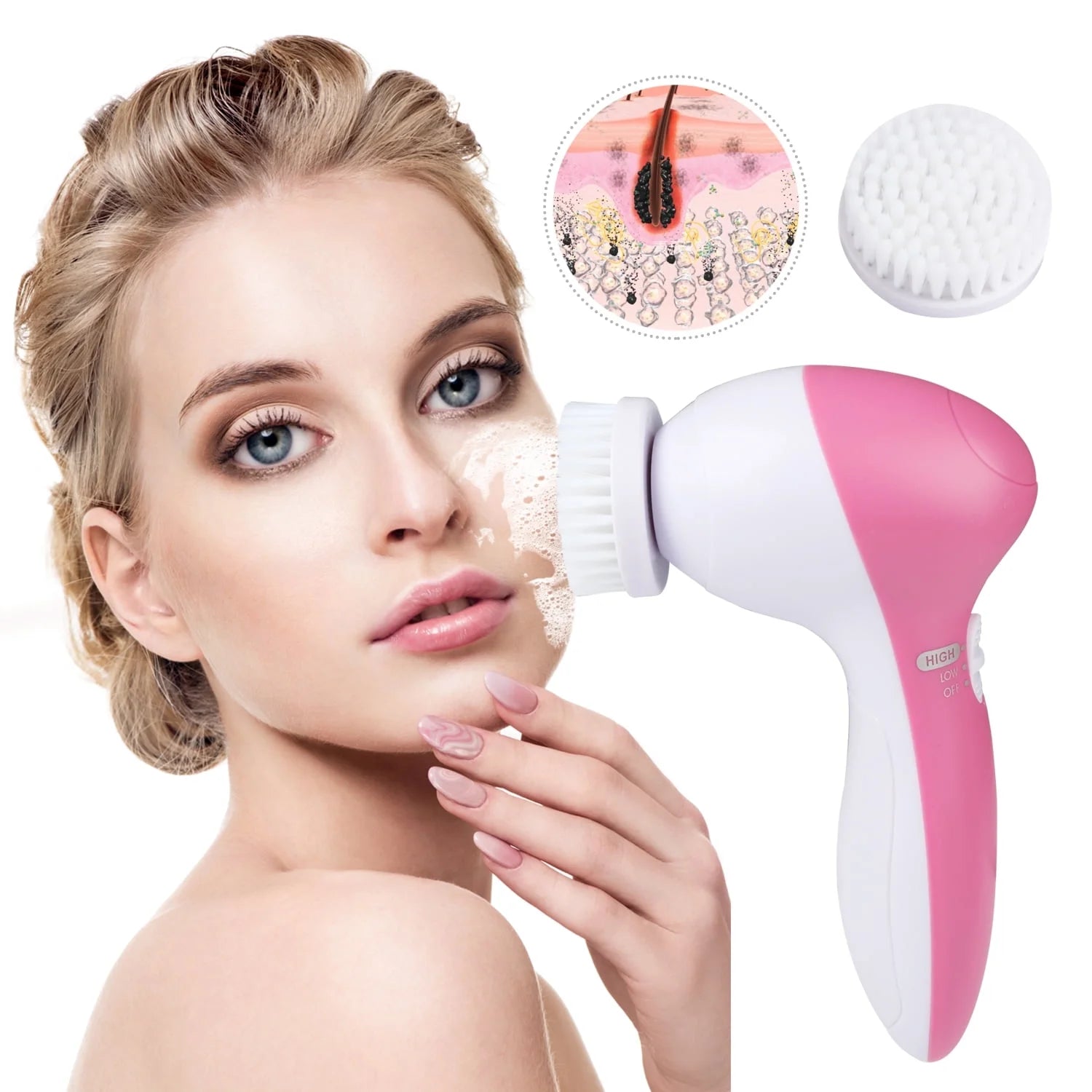 5-In-1 Electric Facial Cleansing Brush Set Waterproof Face Spin Cleaning Brush with 5 Brush Heads Deep Cleansing Body Facial Brush Set for Gentle Exfoliating Removing Blackhead and Massaging