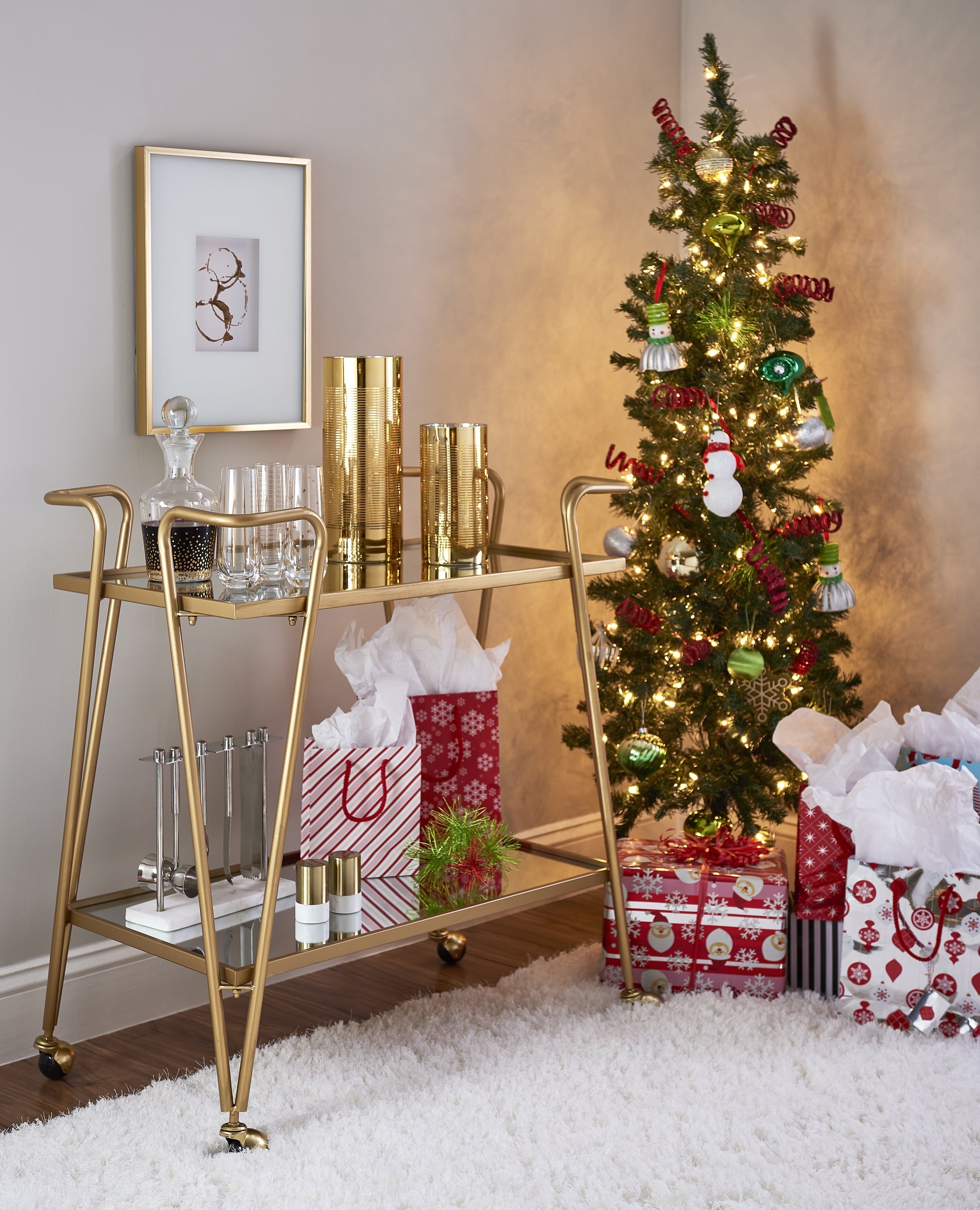 Mia Metal and Mirrored Mid-Century 2 Level Rolling Bar Cart in Gold