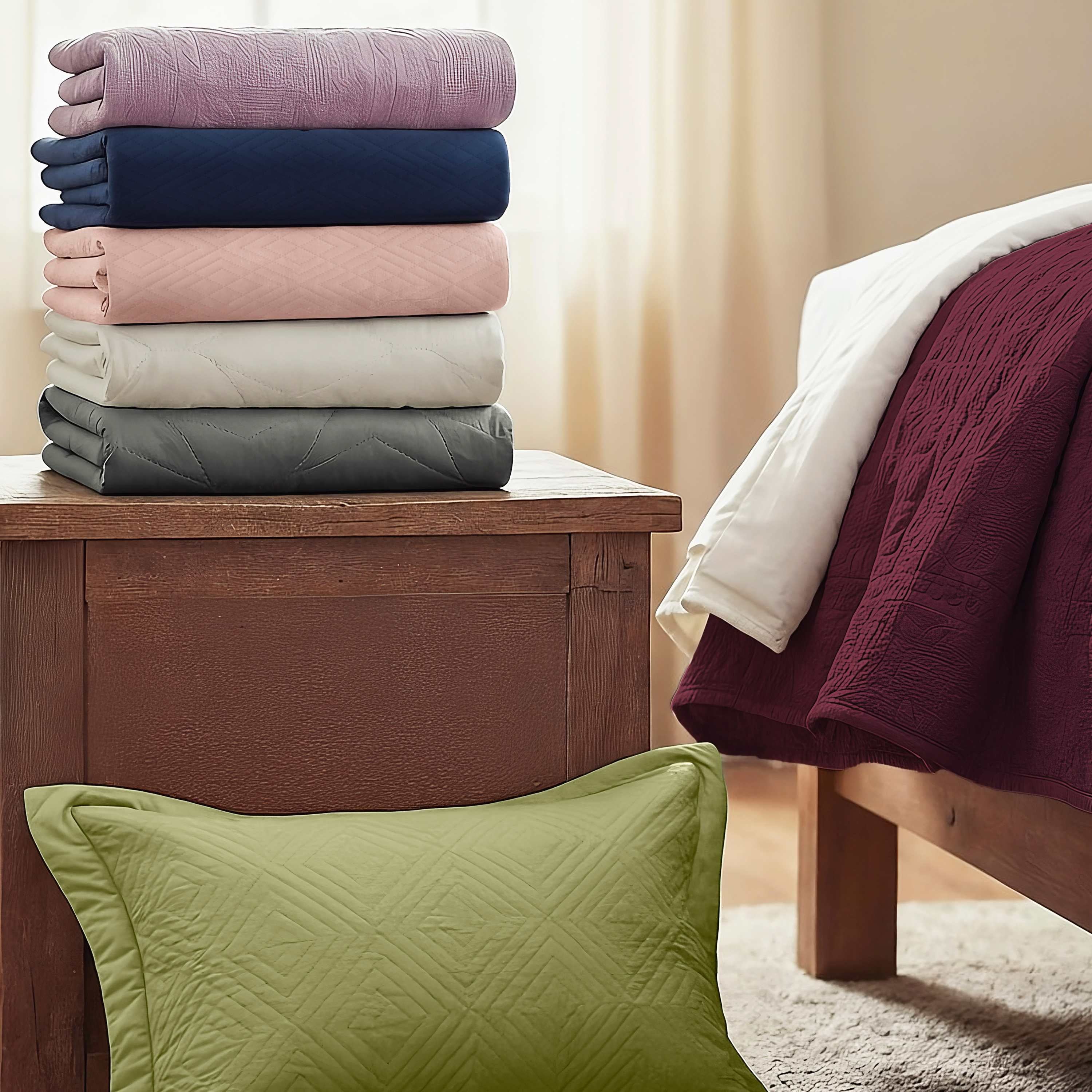 Quilt Sets, 5 Piece Lightweight Reversible Quilt Bedspread, Ellipse Weave Coverlet Bedding Set, King Olive Green