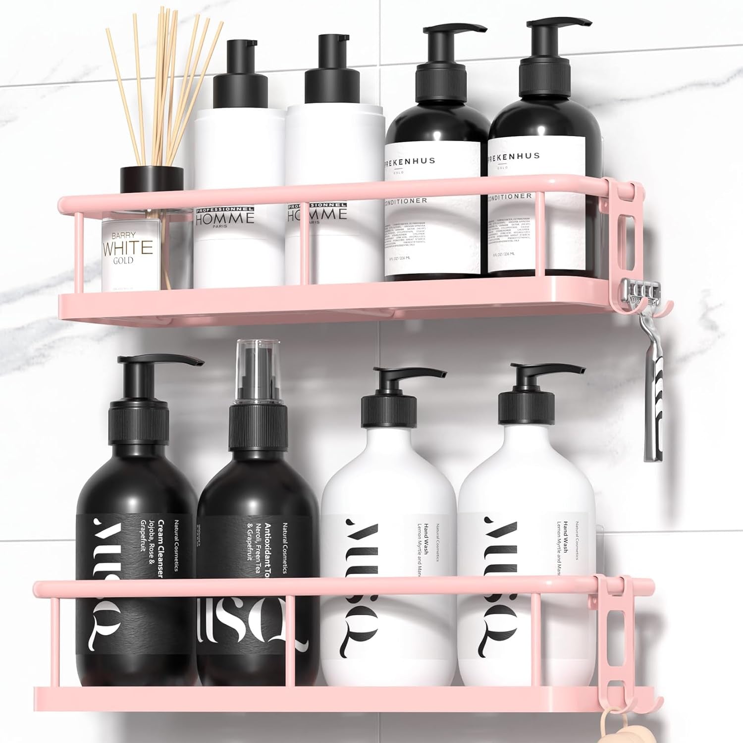 Shower Caddy Adhesive, Rustproof Shower Shelves for inside Shower, Large Capacity Bathroom Organizers and Storage, Shower Storage with Removable Hooks, No Drill Bathroom Accessories Black