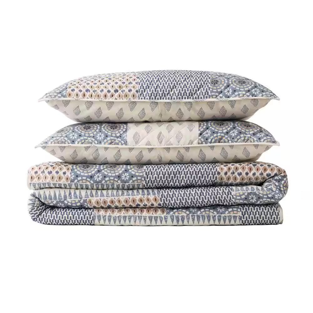 Ansley Washed Denim Patchwork King Cotton Quilt Set