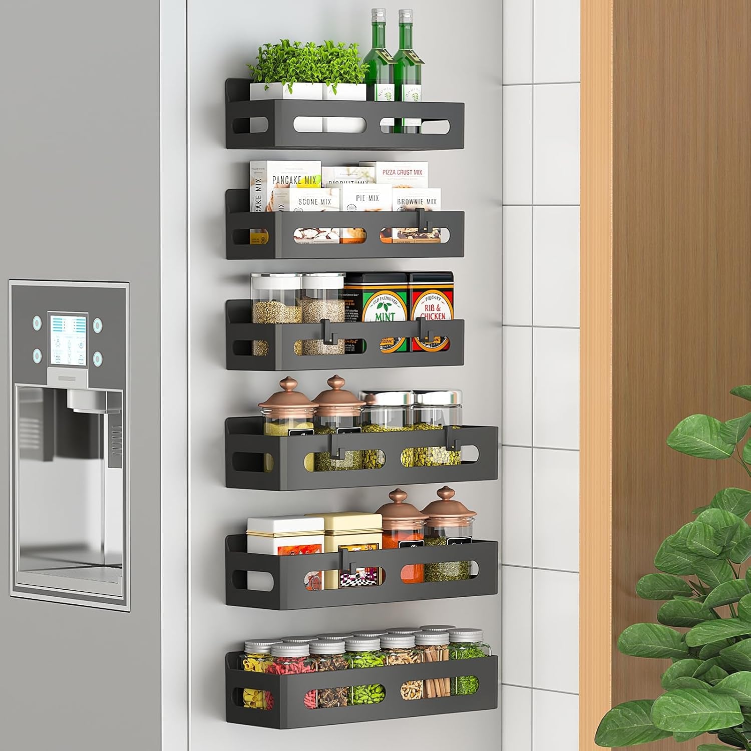 4 Pack Strong Magnetic Spice Rack for Refrigerator, Multipurpose Magnetic Shelf for Fridge with 4 Hooks for Kitchen and Bathroom Organization, Black