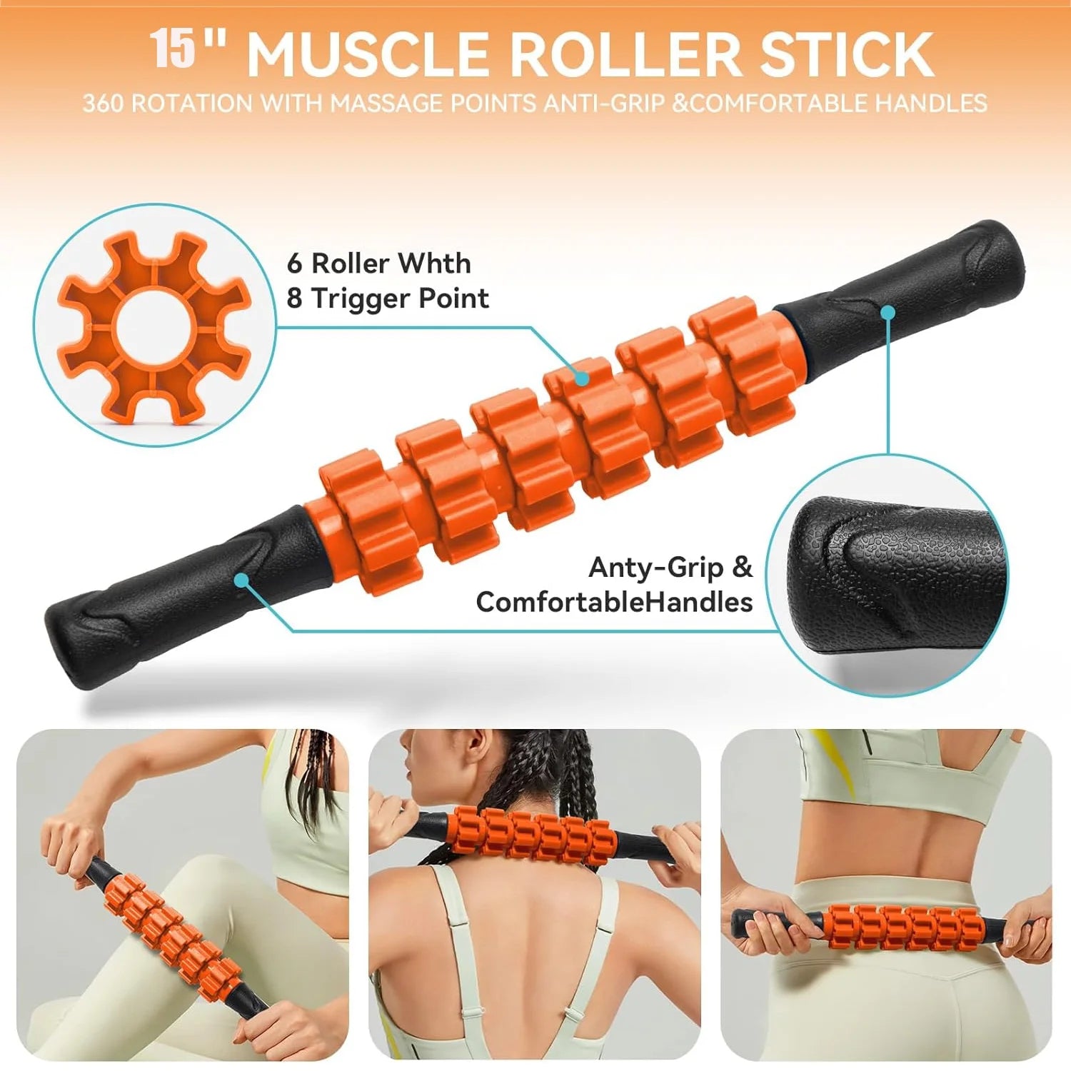 5 in 1 Foam Roller Set, Trigger Point Foam Roller, Yoga Stick, Massage Ball, Resistance Band for Whole Body, Orange