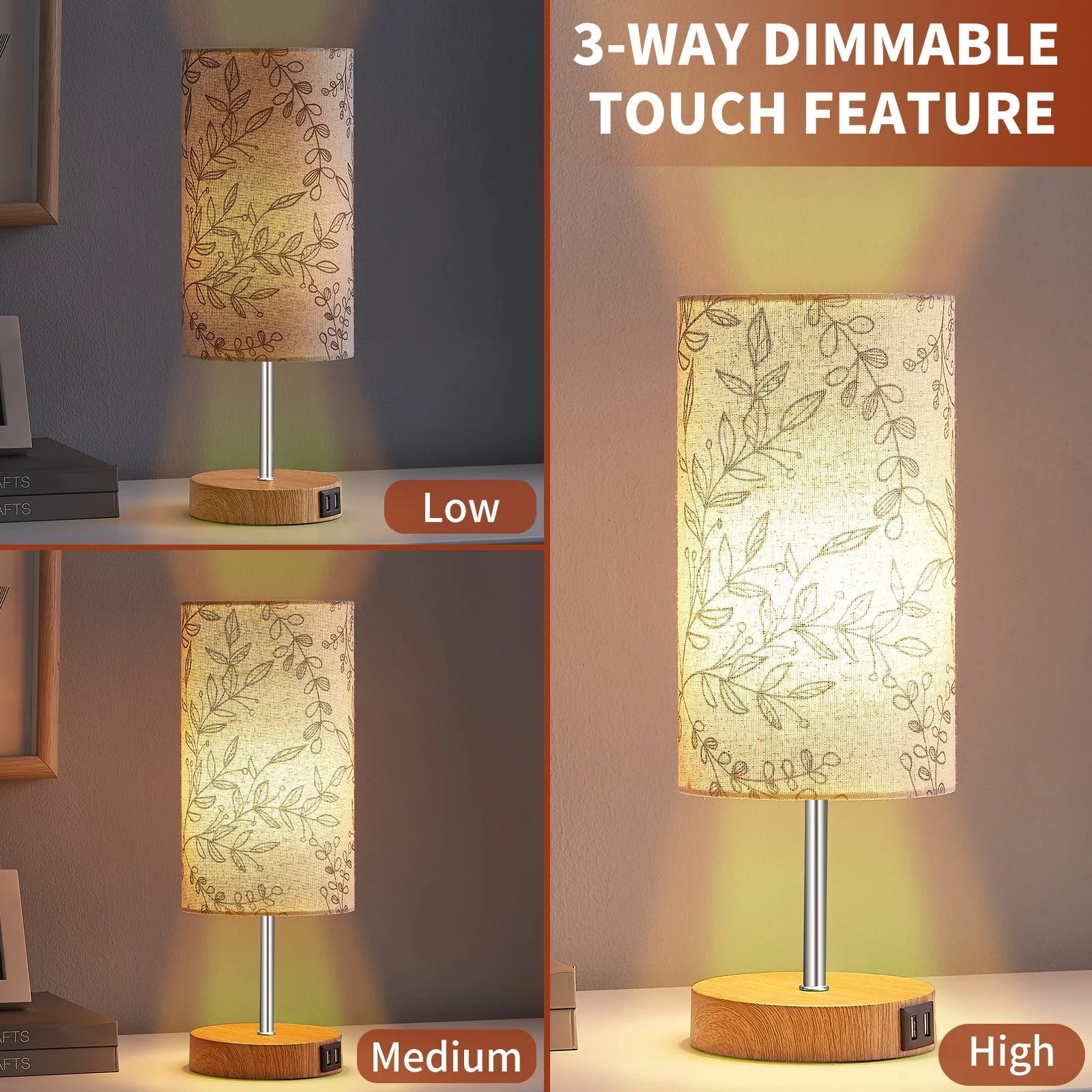 3 Way Dimmable Single Table Lamp with USB Ports Leaf Print Shade 15" Touch Control Small Bedside Nightstand Lamp for Bedroom Living Room (1 Bulb)