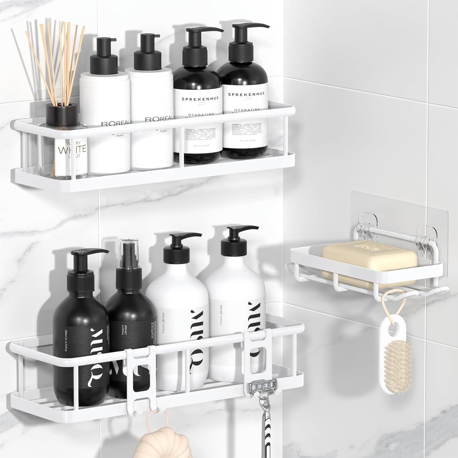 Shower Caddy Adhesive, Rustproof Shower Shelves for inside Shower, Large Capacity Bathroom Organizers and Storage, Shower Storage with Removable Hooks, No Drill Bathroom Accessories Black