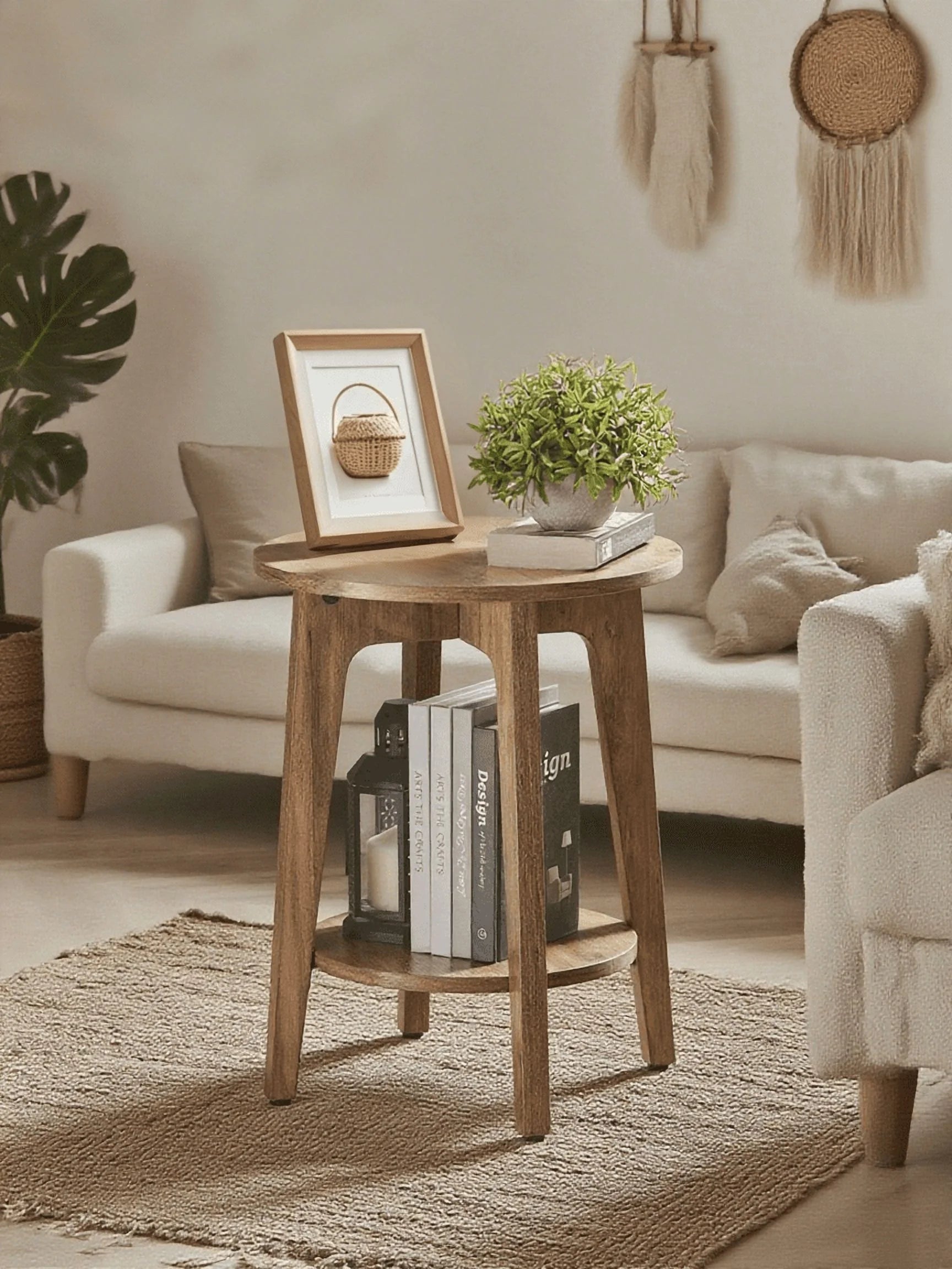 Round End Table Farmhouse Small Side Table Living Room Corner Table Drink Table Rustic Walnut