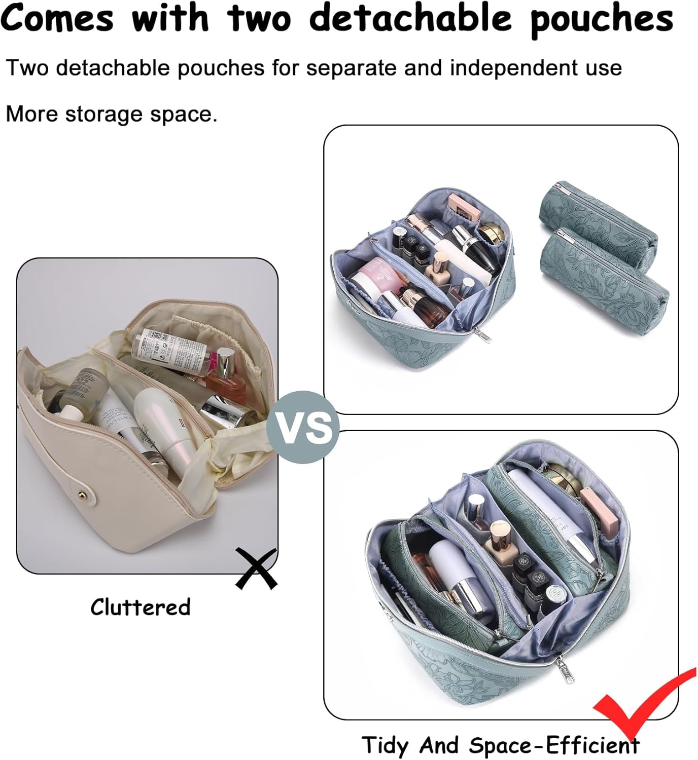 Travel Makeup Bags Cosmetic Organizer Bag: 3-Set Large Capacity Make up Bag - PU Leather Toiletry Bags for Women - Wide Open Portable Pouch with Divider & Handle (01-Light Blue)