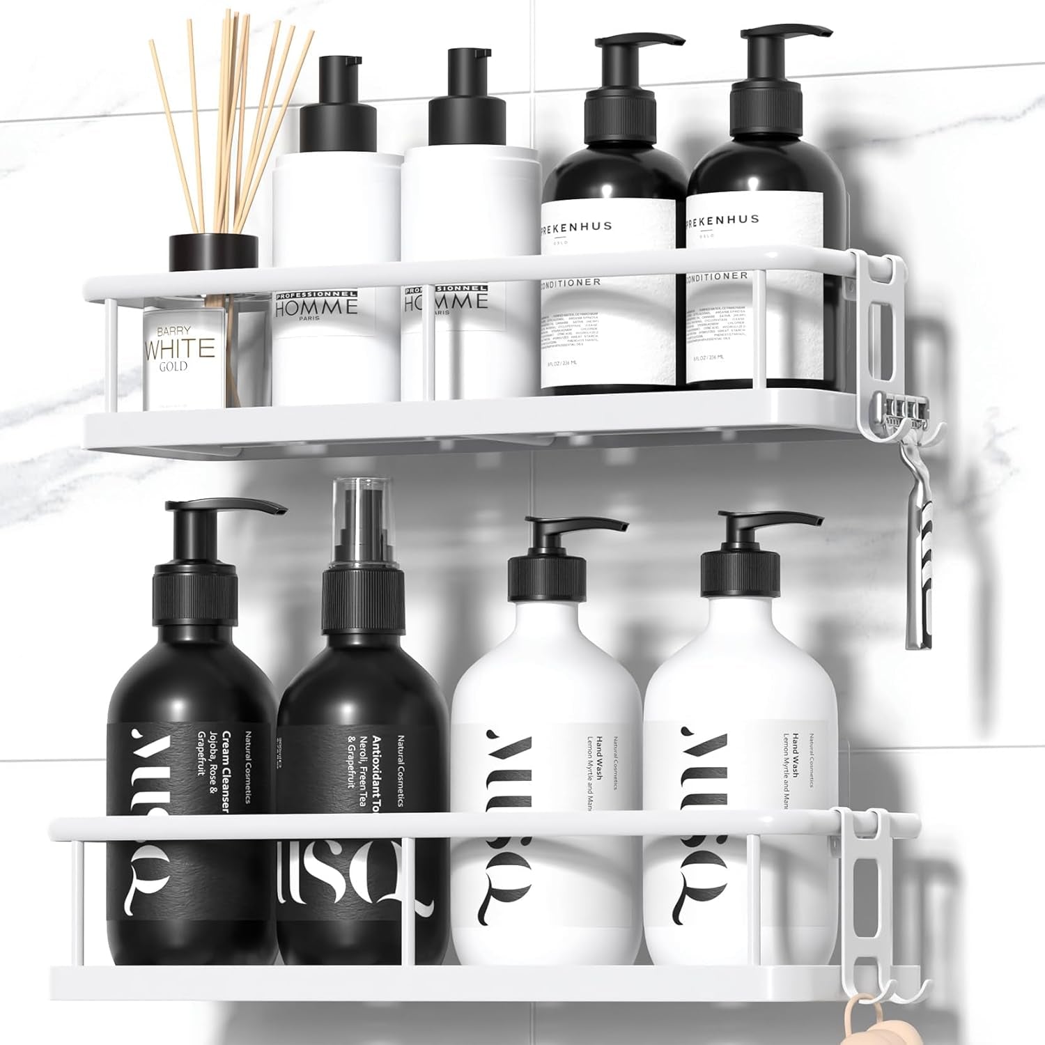 Shower Caddy Adhesive, Rustproof Shower Shelves for inside Shower, Large Capacity Bathroom Organizers and Storage, Shower Storage with Removable Hooks, No Drill Bathroom Accessories Black