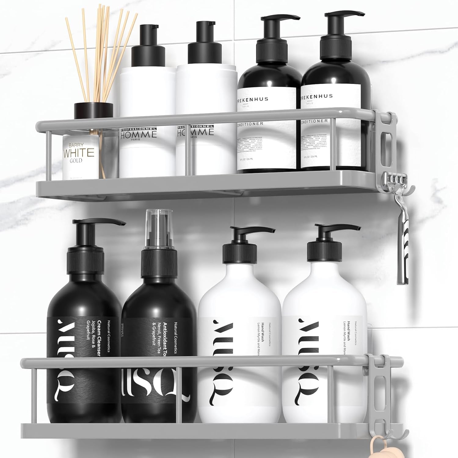 Shower Caddy Adhesive, Rustproof Shower Shelves for inside Shower, Large Capacity Bathroom Organizers and Storage, Shower Storage with Removable Hooks, No Drill Bathroom Accessories Black