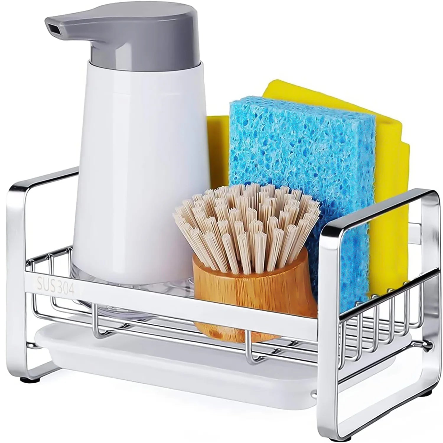 304 Stainless Steel Sink Caddy Sponge Holder - Sink Caddy Organizer, Sponge Holder for Sink, Sink Tray Drainer Rack, Soap Dish Dispenser Brush Holder Storage Kitchen Accessories
