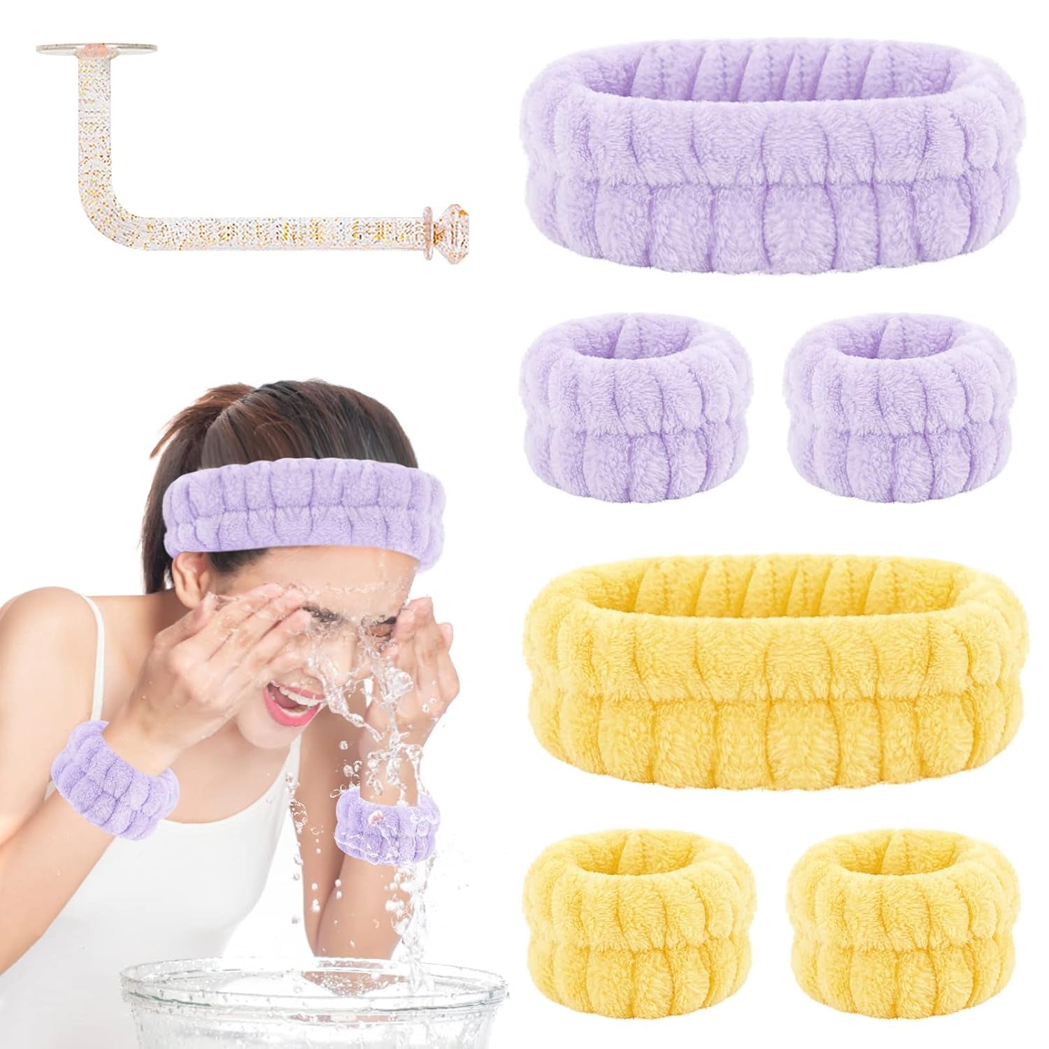 Face Wash Headband and Wristband Set - Microfiber Wrist Towels with Holder for Face Washing and Spa, Absorbent Scrunchies