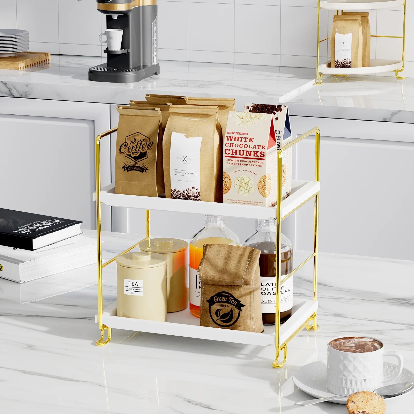 2-Tier Bathroom Countertop Organizer, Kitchen Spice Rack or Makeup Skin Organizer Vanity Bedroom Storage Tray (Gold)
