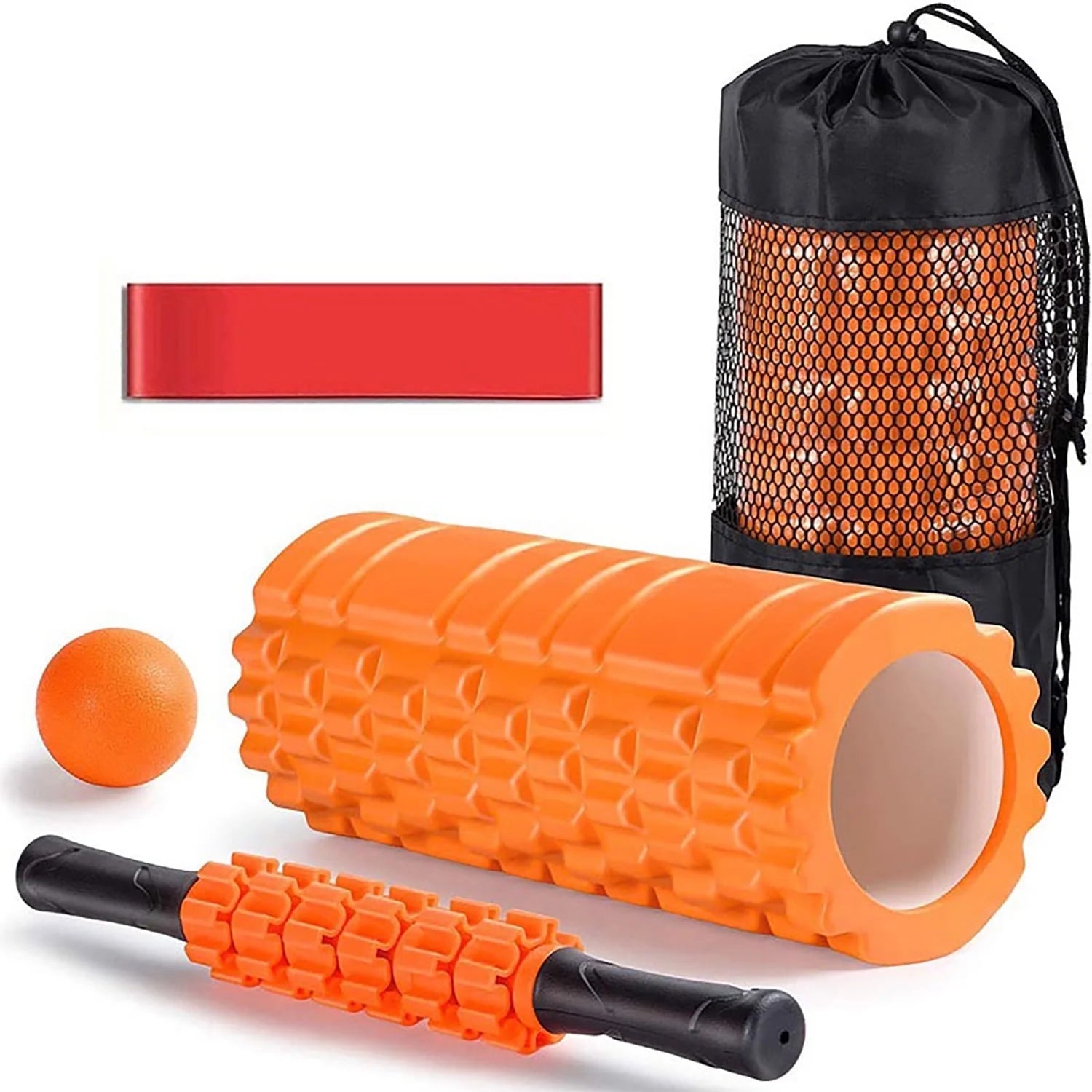 5 in 1 Foam Roller Set, Trigger Point Foam Roller, Yoga Stick, Massage Ball, Resistance Band for Whole Body, Orange