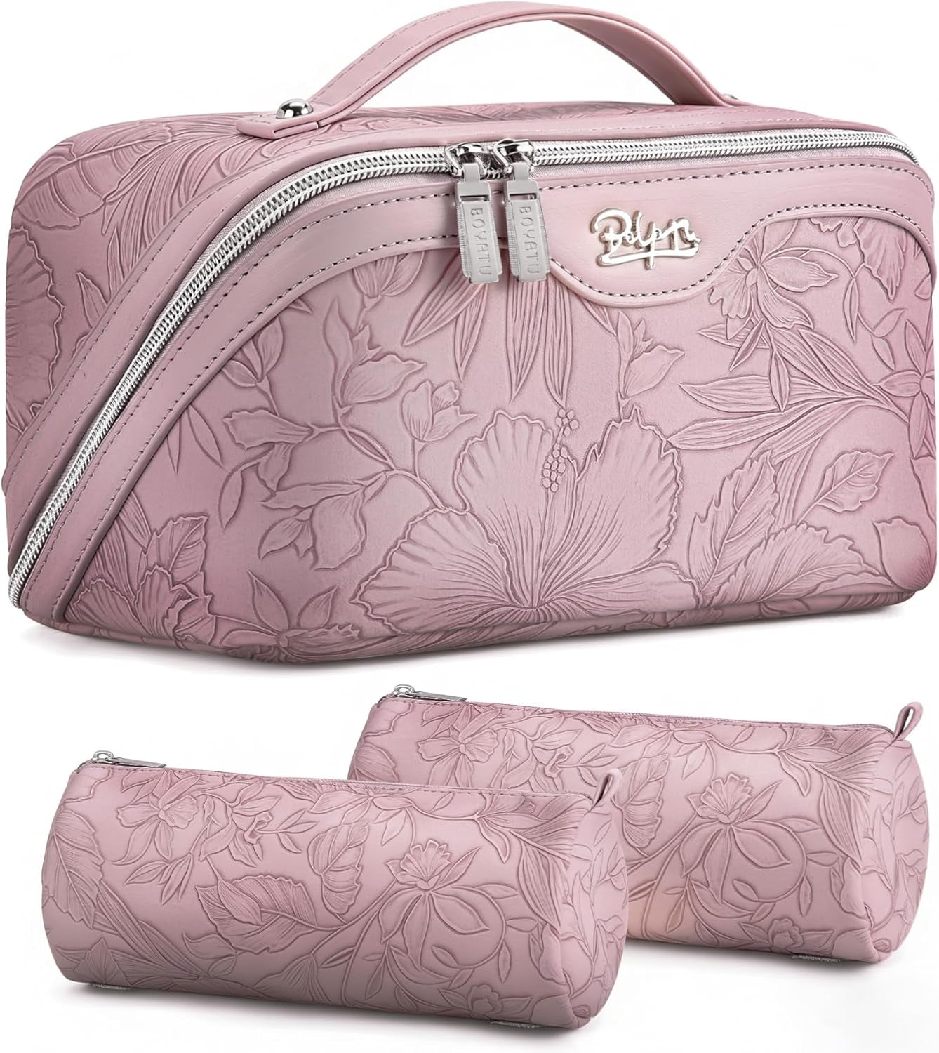 Travel Makeup Bags Cosmetic Organizer Bag: 3-Set Large Capacity Make up Bag - PU Leather Toiletry Bags for Women - Wide Open Portable Pouch with Divider & Handle (01-Light Blue)