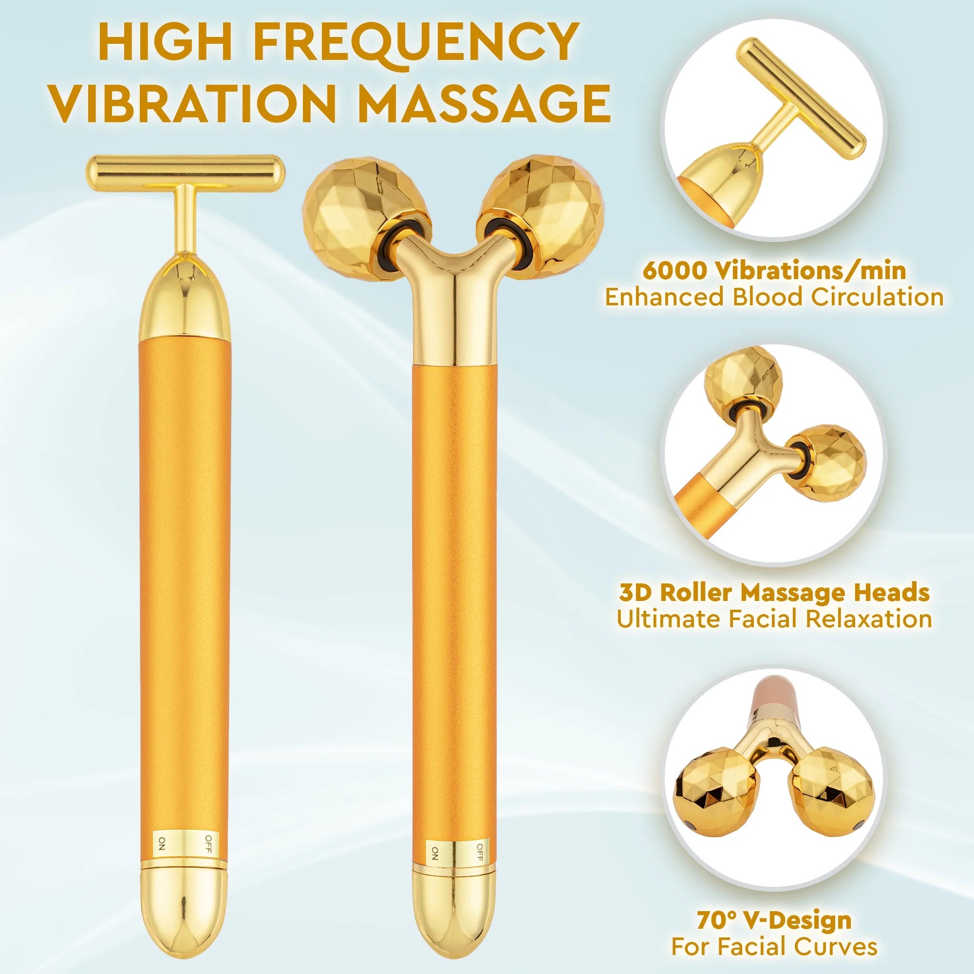 Electric Face Massager Kit for Women, 2-In-1 Vibrating Golden 3D Roller & T-Shape Massager for Facial Skin Care by
