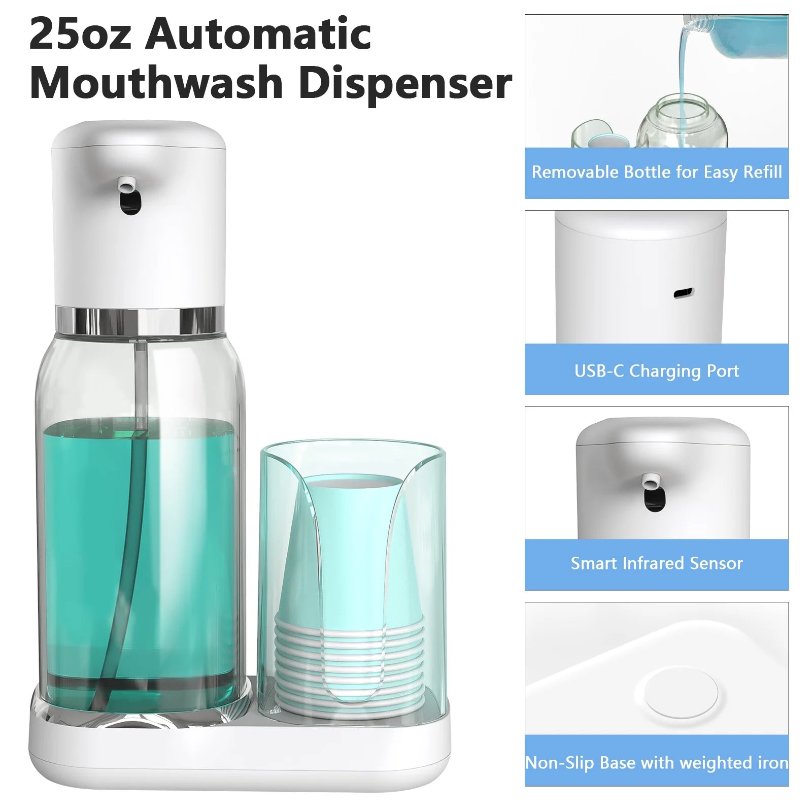 25Oz Electric Mouthwash Dispenser for Bathroom,Plastic Automatic Mouth Wash Dispenser with Cup Holder