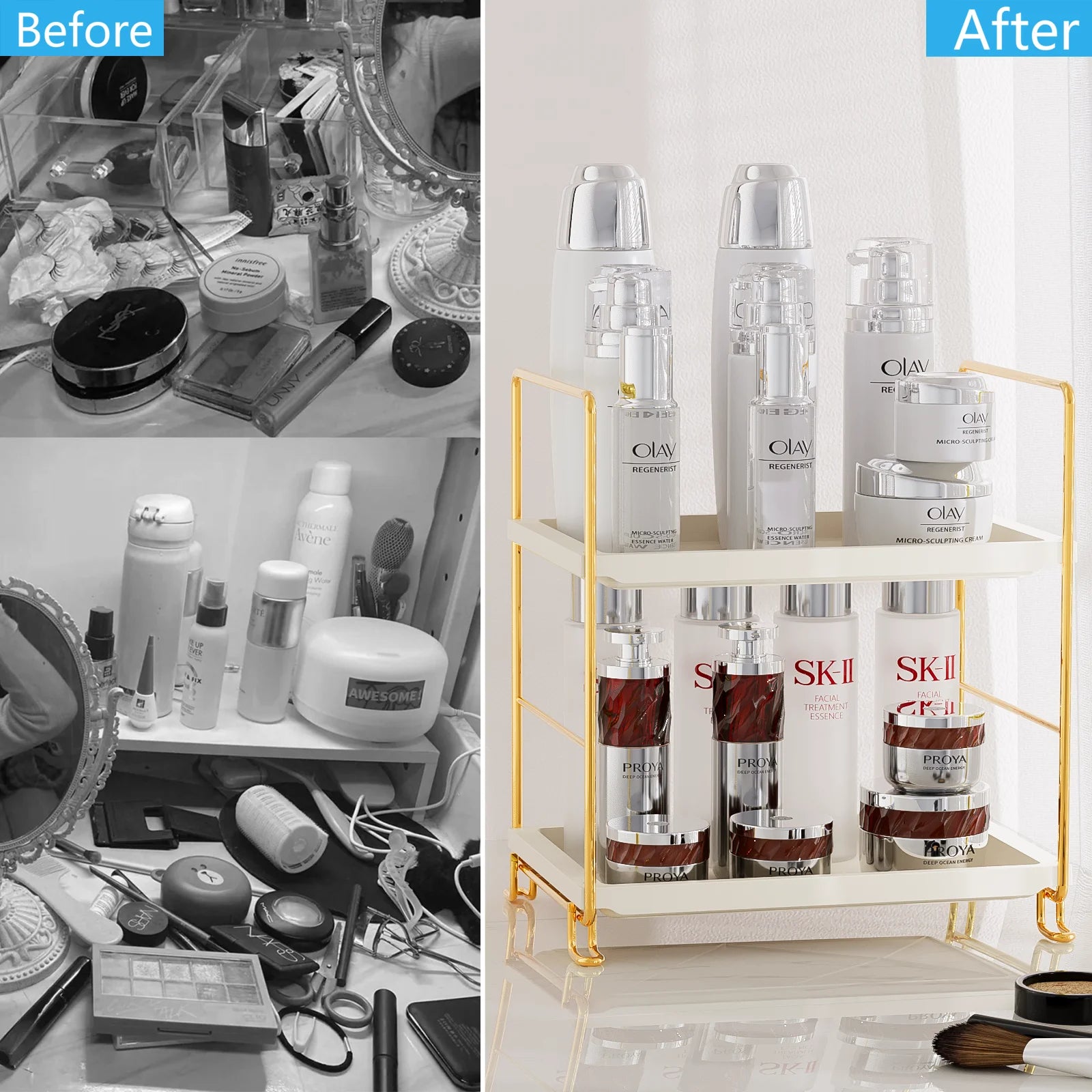 2-Tier Bathroom Countertop Organizer, Kitchen Spice Rack or Makeup Skin Organizer Vanity Bedroom Storage Tray (Gold)