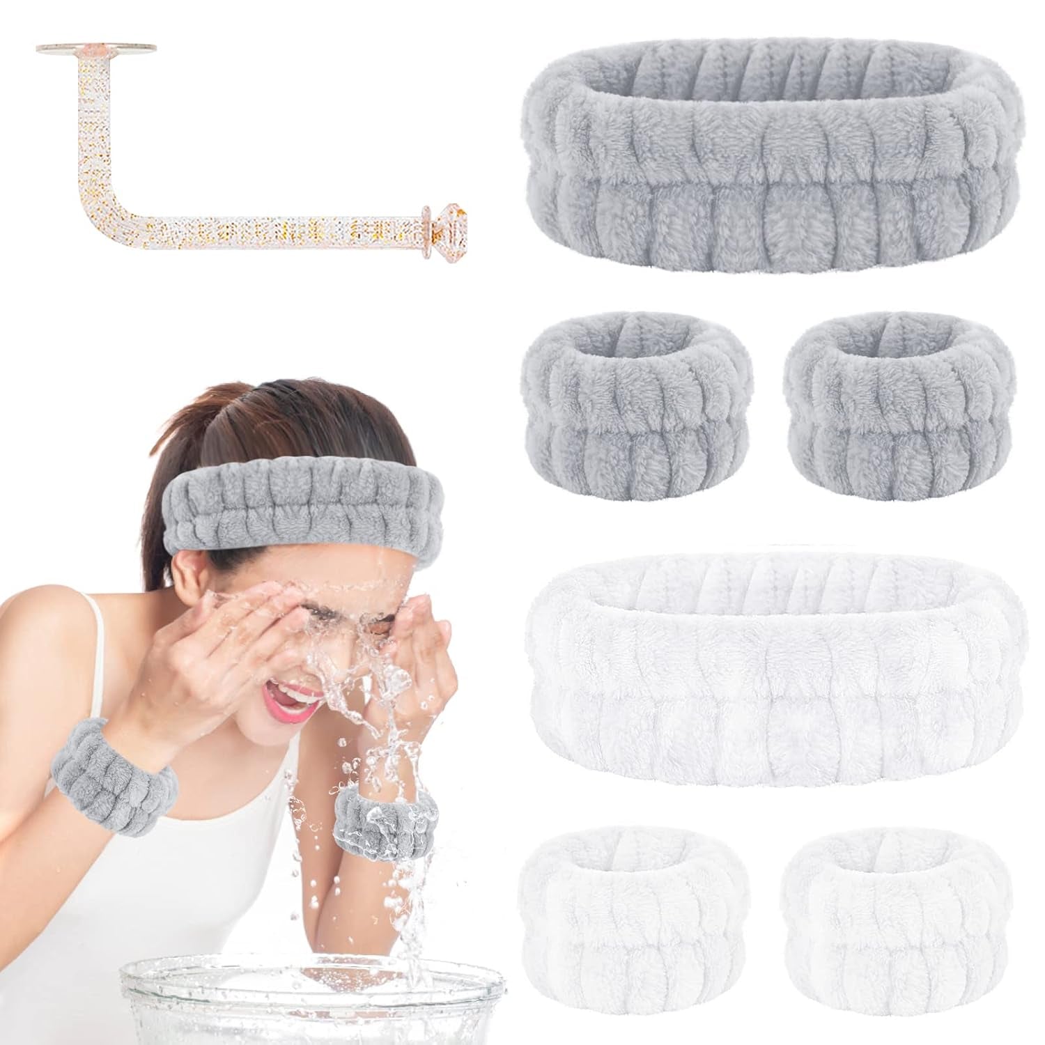 Face Wash Headband and Wristband Set - Microfiber Wrist Towels with Holder for Face Washing and Spa, Absorbent Scrunchies
