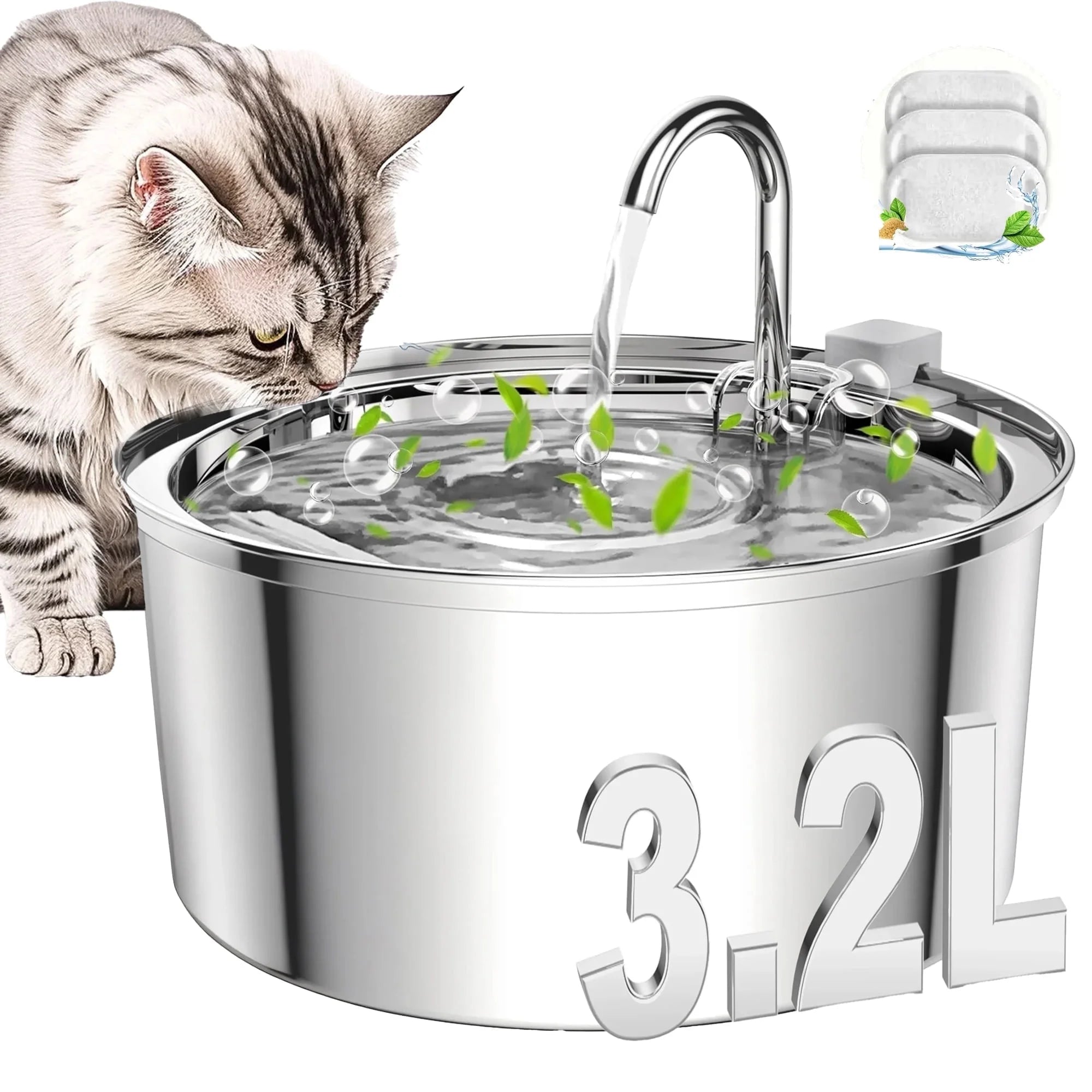 Cat Water Fountain, 108Oz/3.2L Premium Stainless Steel Cat Fountain with 3 Filters, Automatic Pet Fountain Dispenser for Cats Dogs, Electric Drinking Fountain with Ultra-Quiet Pump