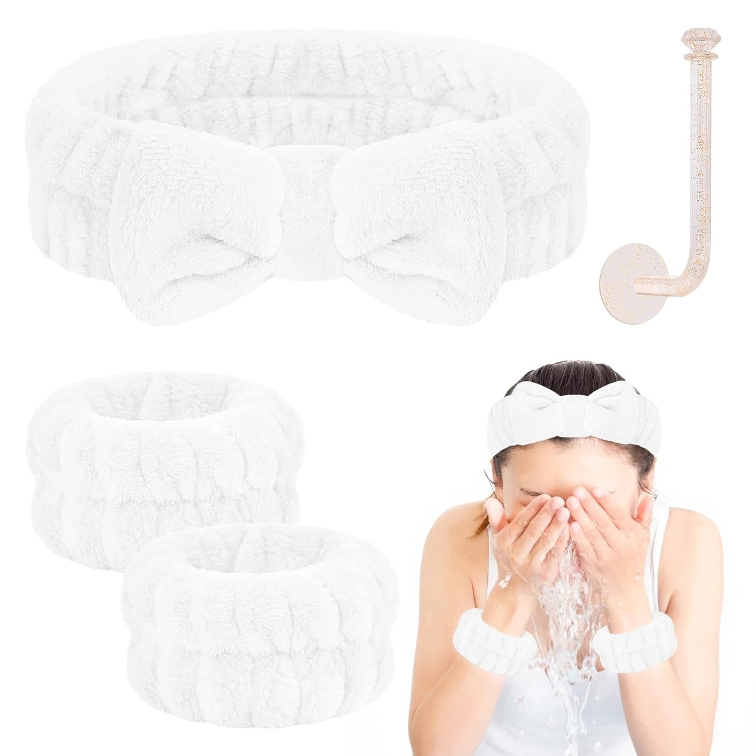 Face Wash Headband and Wristband Set - Microfiber Wrist Towels with Holder for Face Washing and Spa, Absorbent Scrunchies