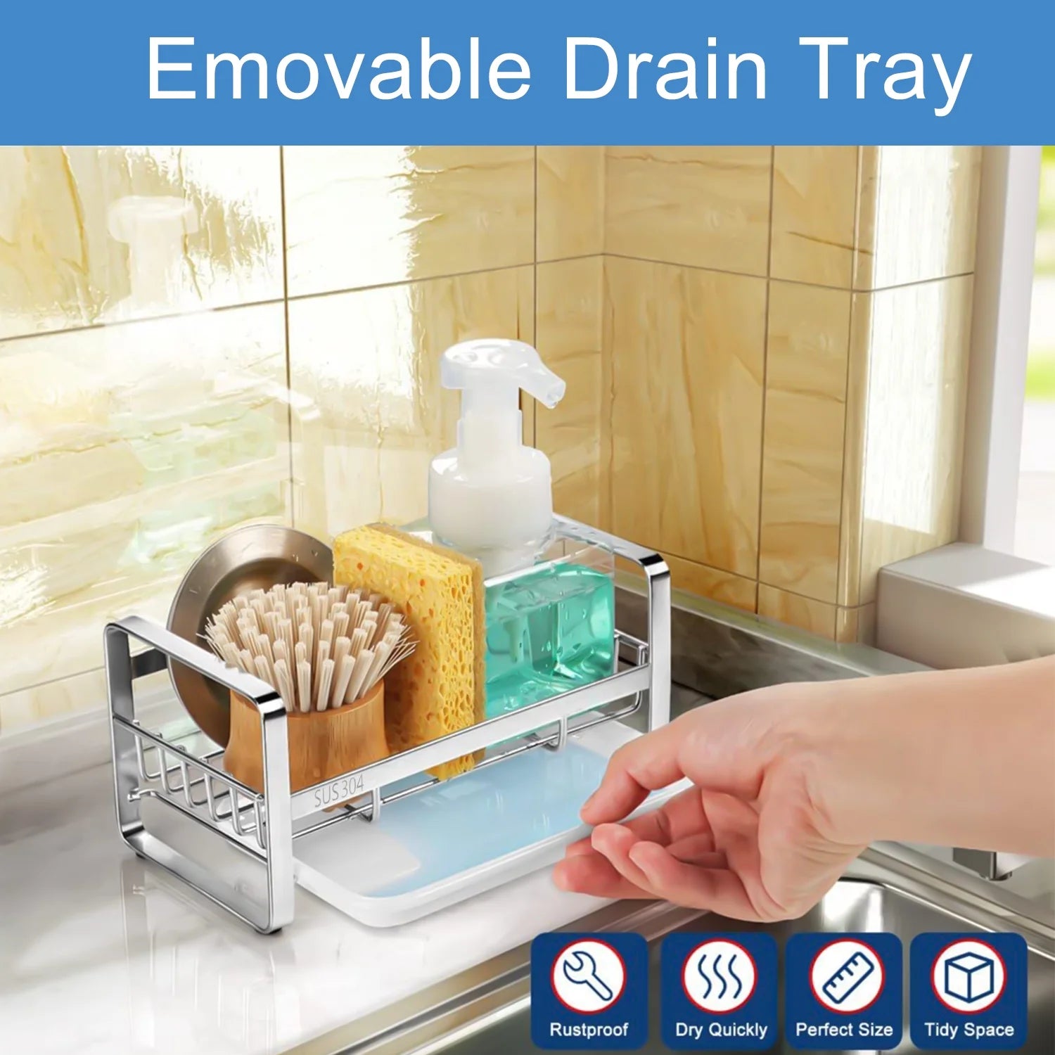 304 Stainless Steel Sink Caddy Sponge Holder - Sink Caddy Organizer, Sponge Holder for Sink, Sink Tray Drainer Rack, Soap Dish Dispenser Brush Holder Storage Kitchen Accessories