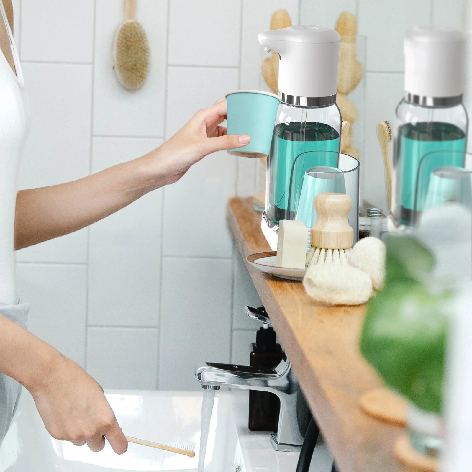 25Oz Electric Mouthwash Dispenser for Bathroom,Plastic Automatic Mouth Wash Dispenser with Cup Holder